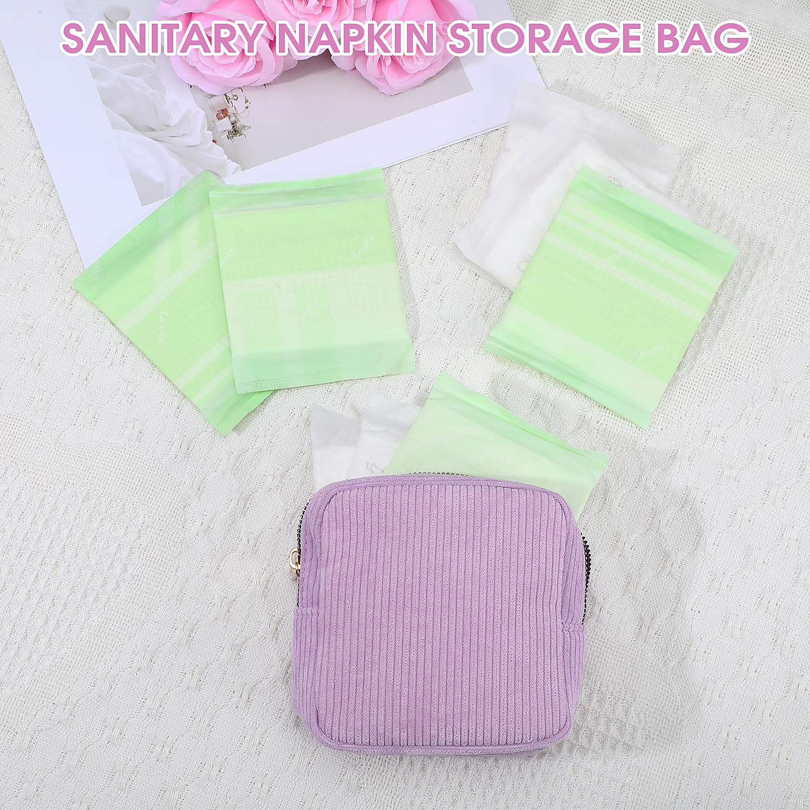 Feminine Menstrual Care Bags for Teen Girls, Mini Corduroy Period Bag for Storing Sanitary Napkins Portable Makeup Pouch with Zi