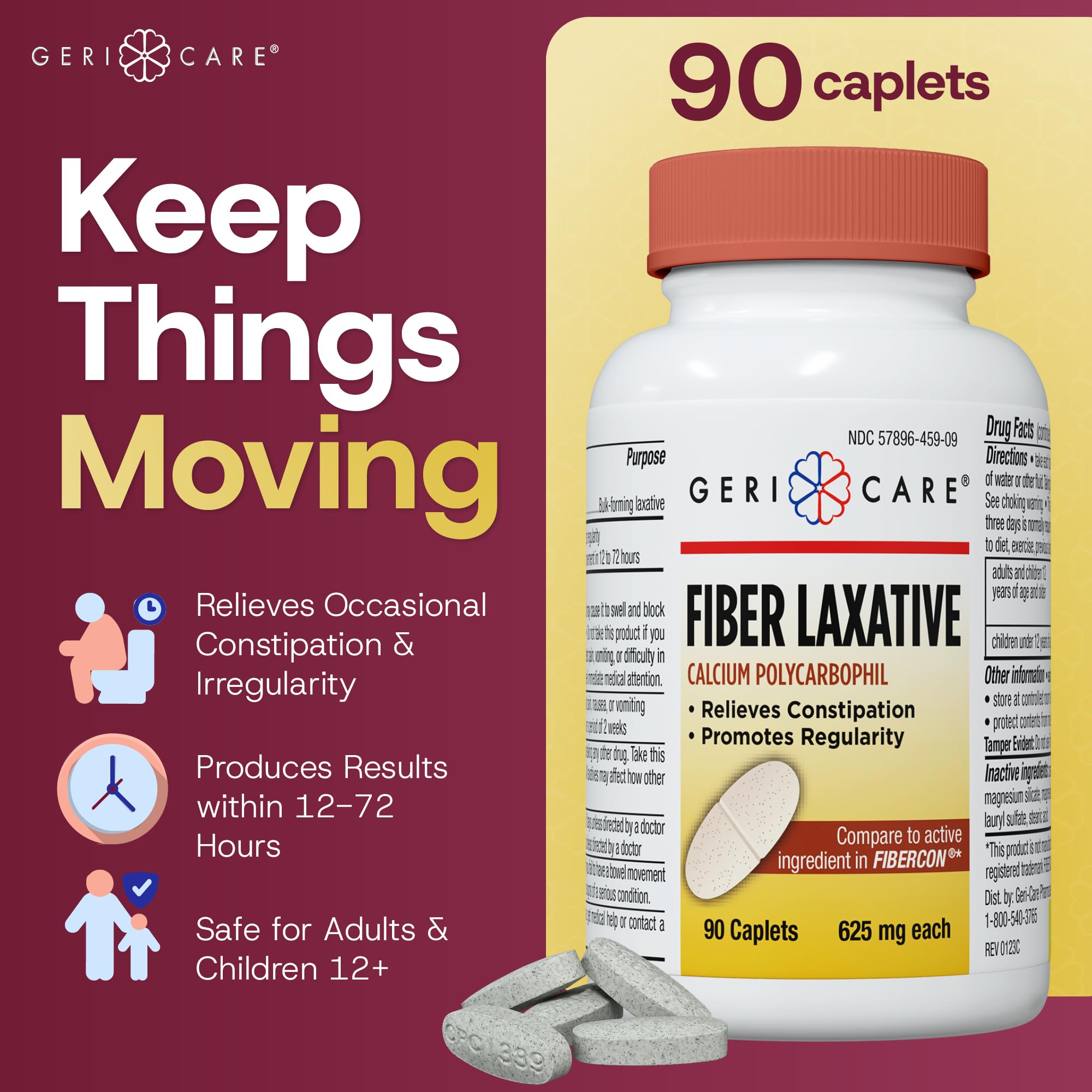 GeriCare Fiber Laxative Calcium Polycarbophil 625mg Caplets, Promotes Healthy Digestion and Constipation Relief, 90 Count Bottle