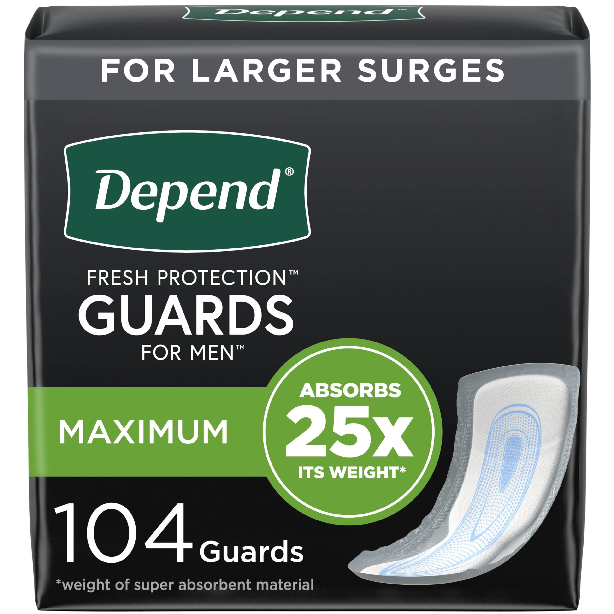 Depend Incontinence Guards/Incontinence Pads for Men/Bladder Control Pads, Maximum Absorbency, 104 Count (2 Packs of 52), Packag