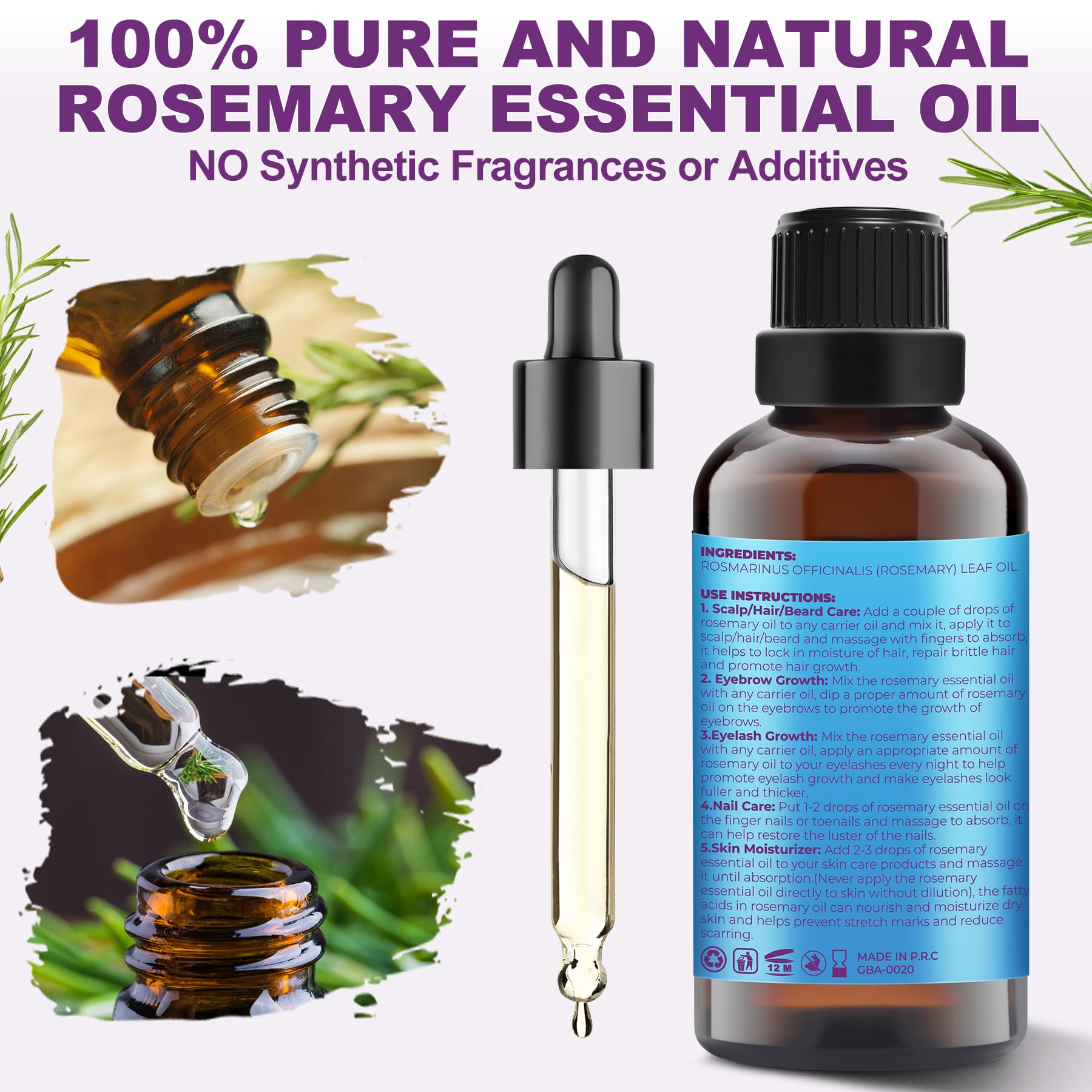 GIFBEA Rosemary Oil, 100% Pure Undiluted Light-Weight Non-Greasy for Hair, Scalp & Skin Care, Natural Hair Growth Oil Products f