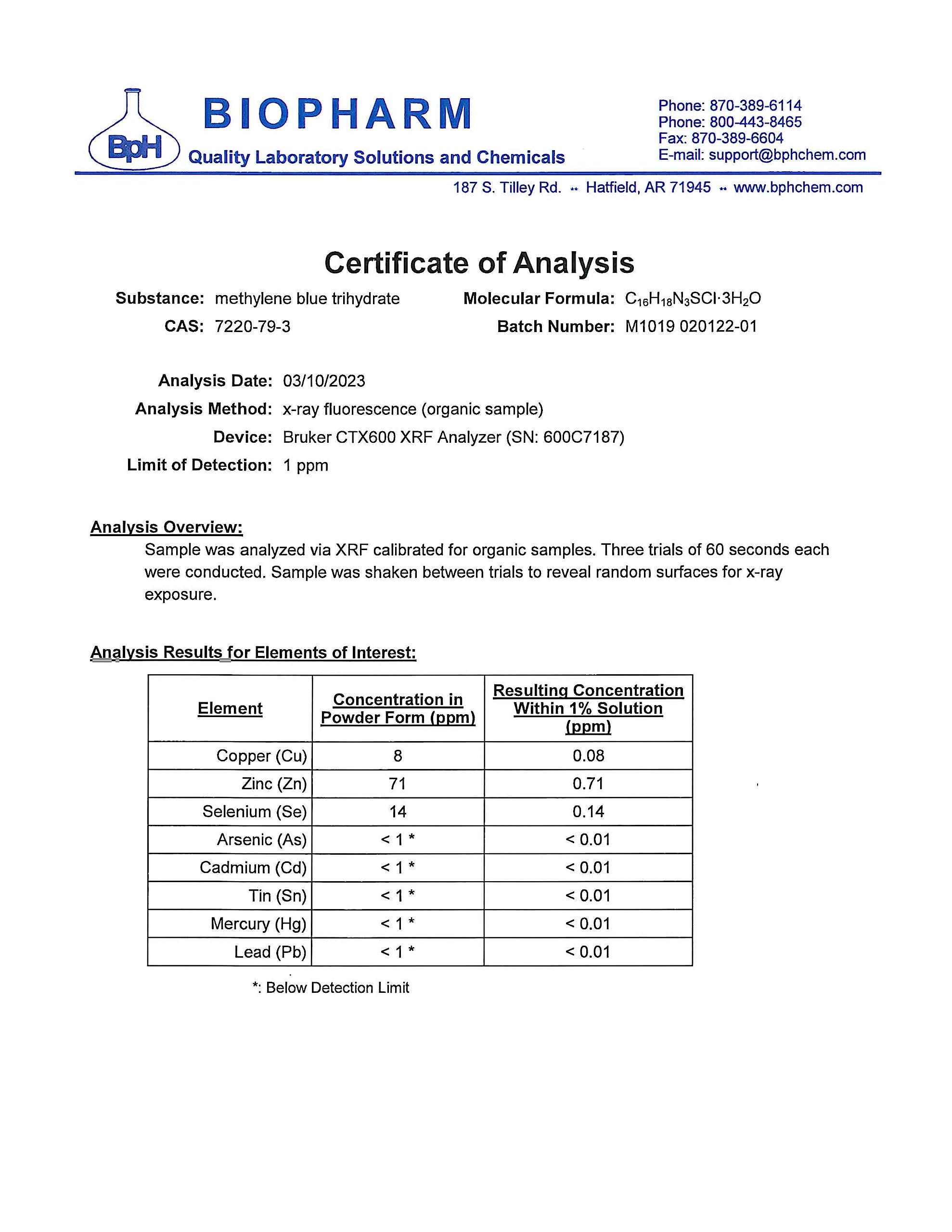 Methylene Blue, 1% USP (Pharmaceutical) Grade, 50 mL (1.69 fl oz) Glass; 3rd Party Tested