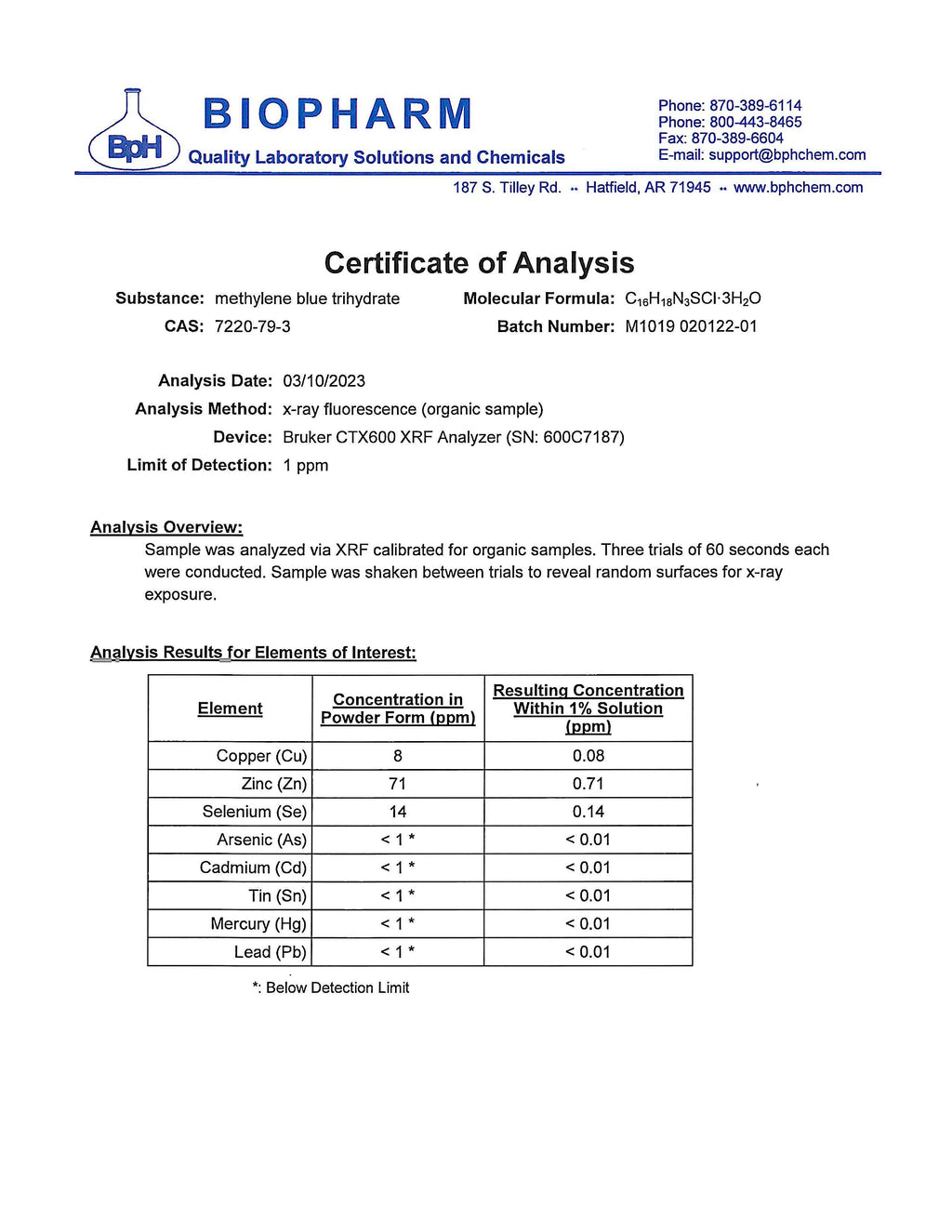 Methylene Blue, 1% USP (Pharmaceutical) Grade, 50 mL (1.69 fl oz) Glass; 3rd Party Tested