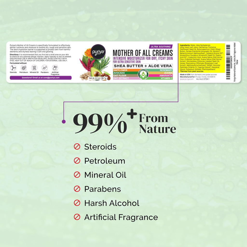 Puriya National Eczema Association Accepted Cream 2 oz, Dry Itchy Skin Relief, Colloidal Oatmeal Lotion, For Kids, Adults, Face,