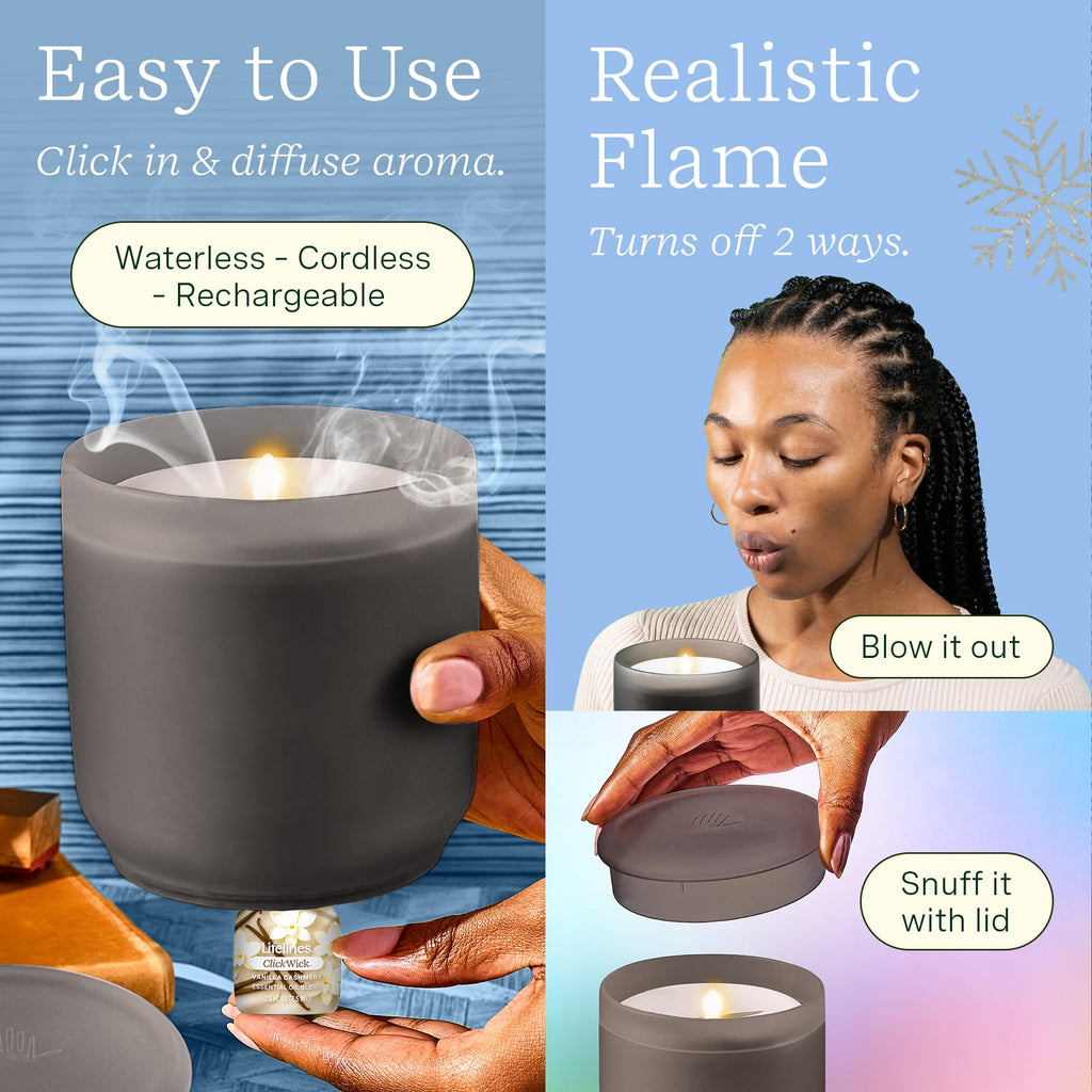 Lifelines Flameless Candle Diffuser - Winter Edition Gift Set - Aromatherapy Essential Oil Diffuser with 2 Holiday ClickWick Ble