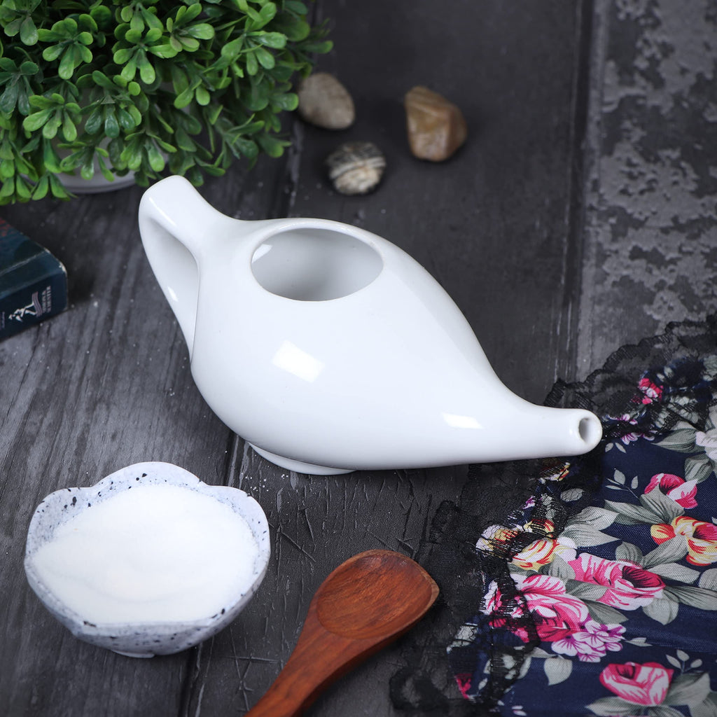 Qimacplus Leak Proof Durable Ceramic Neti Pot Comfortable Grip with 10 Sachet Neti Salt, Lightweight neti Pot Ceramic | Natural
