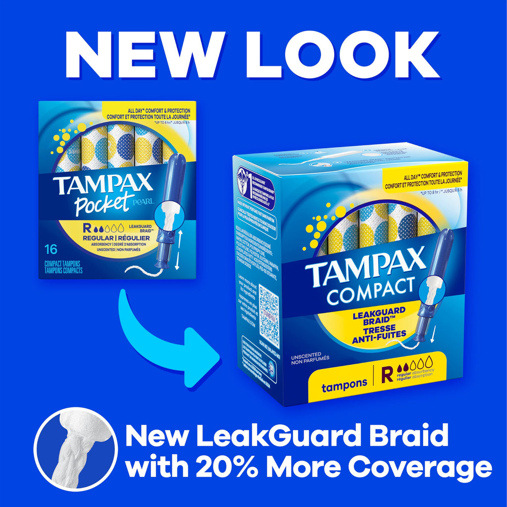 Tampax Compact Pearl Tampons Multipack, with LeakGuard Braid & Extendable Applicator, Regular/Super Absorbency, Compact Extendab