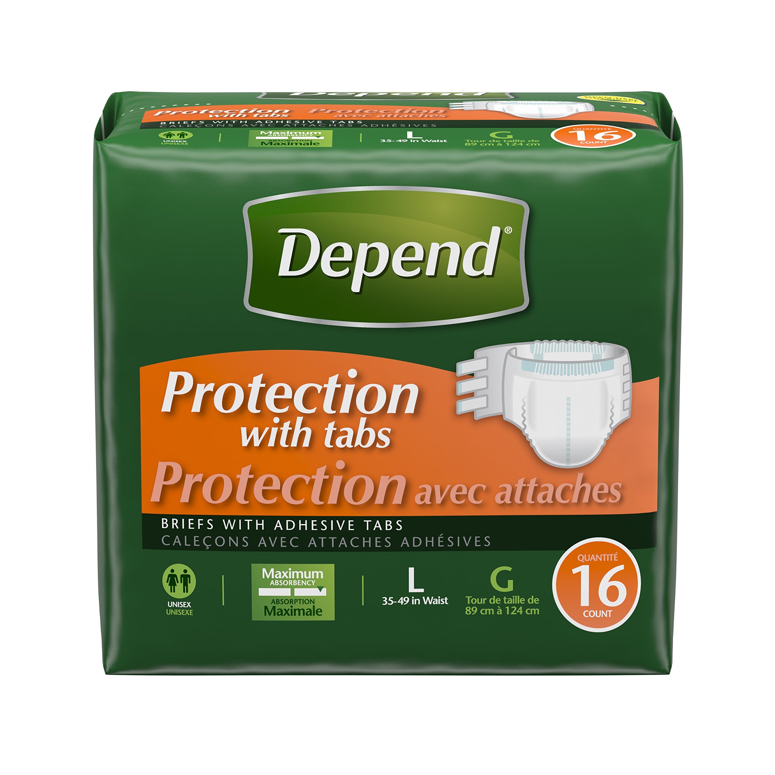 Depend Incontinence Protection with Tabs, Maximum Absorbency, L , 16 ct