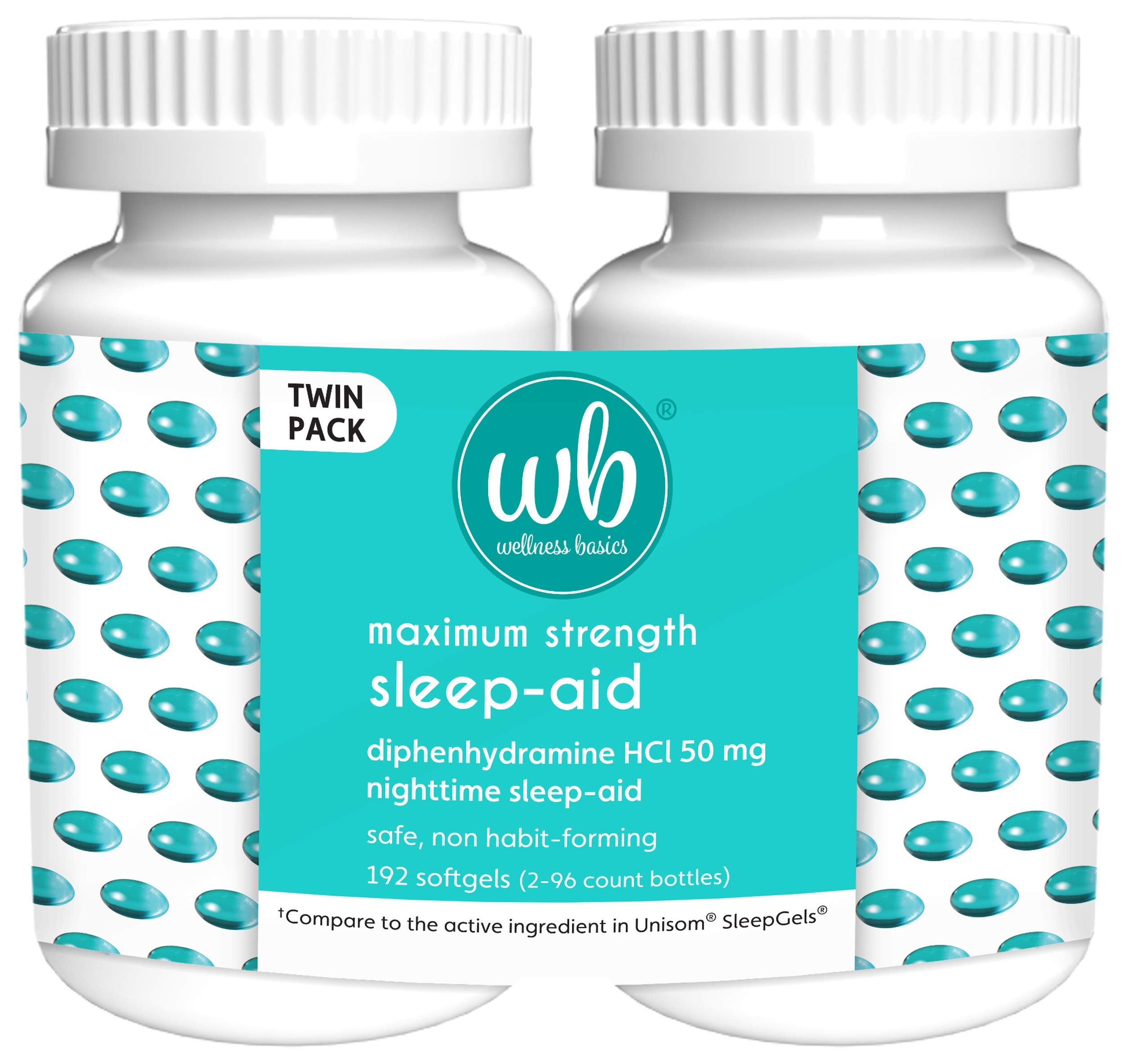 Wellness Basics - Maximum Strength Sleep-Aid - Diphenhydramine HCL (96 Count Softgel - Twin Pack) Relieves Occasional Sleeplessn