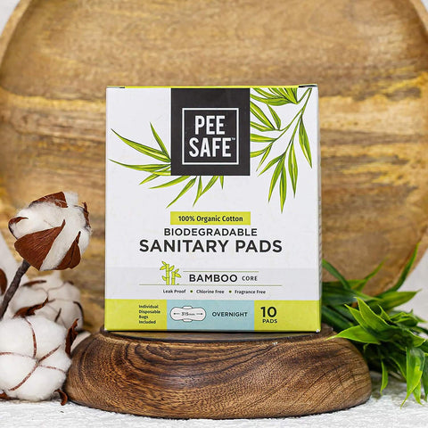 Pee Safe Biodegradable Sanitary Pads - Overnight (Pack of 10) | 100% Organic Cotton & Bamboo Pulp | Organic Sanitary Pads | Cott