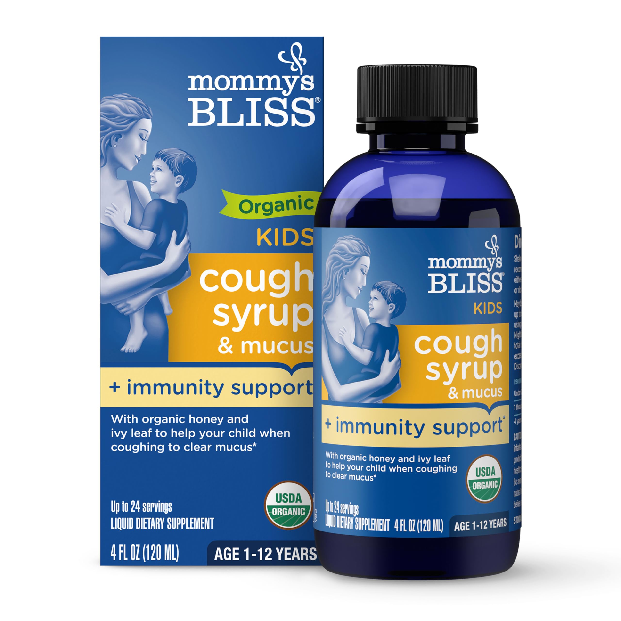 Mommys Bliss Organic Kids Cough Syrup and Mucus Relief + Immunity Support, Agave & Honey, Ivy Leaf, Elderberry, Zinc, Vitamin C