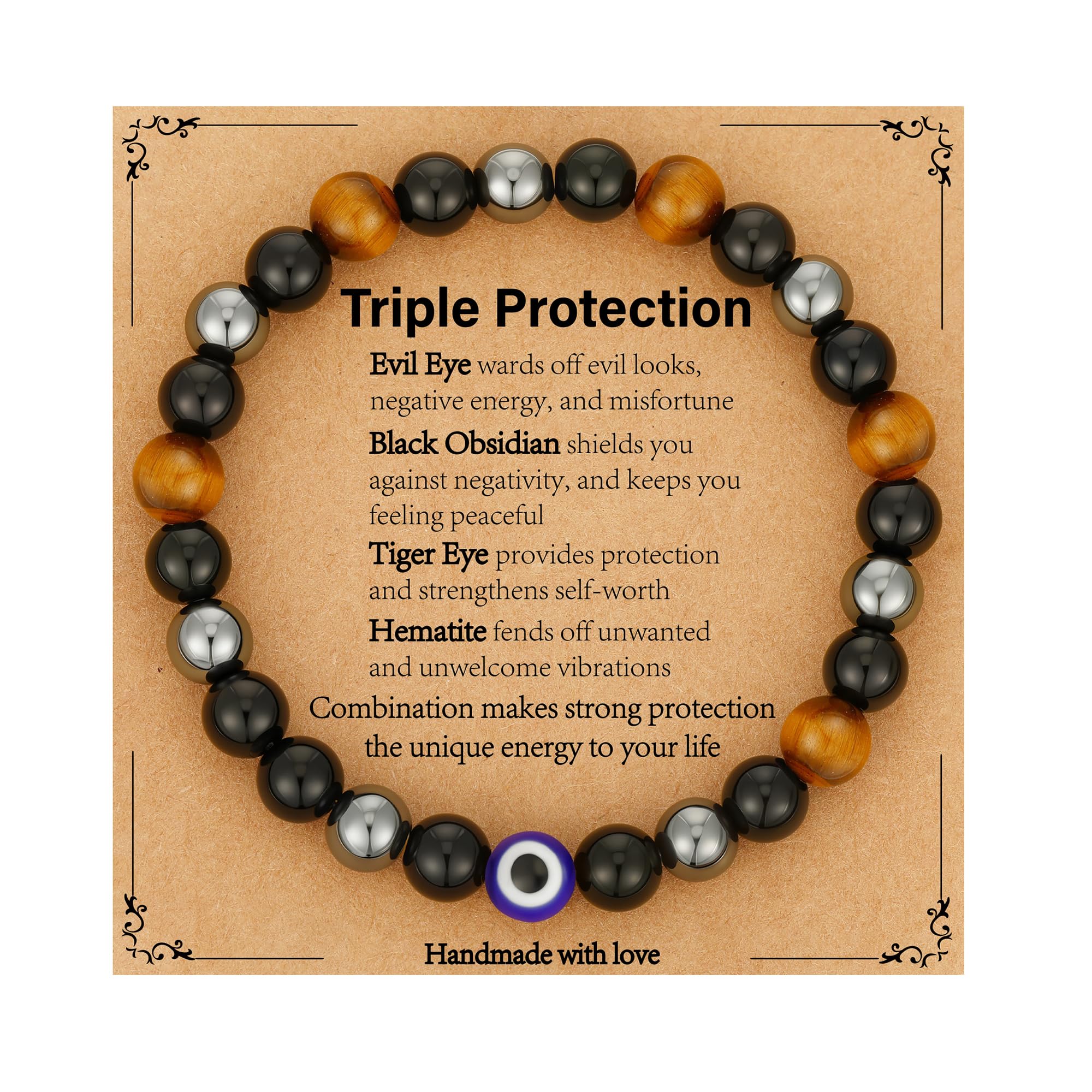 Gnamy Triple Protection Beaded Bracelet Gifts for Men, Tiger Eye Hematite Black Obsidian Evil Eye Bracelets Christmas Birthday V