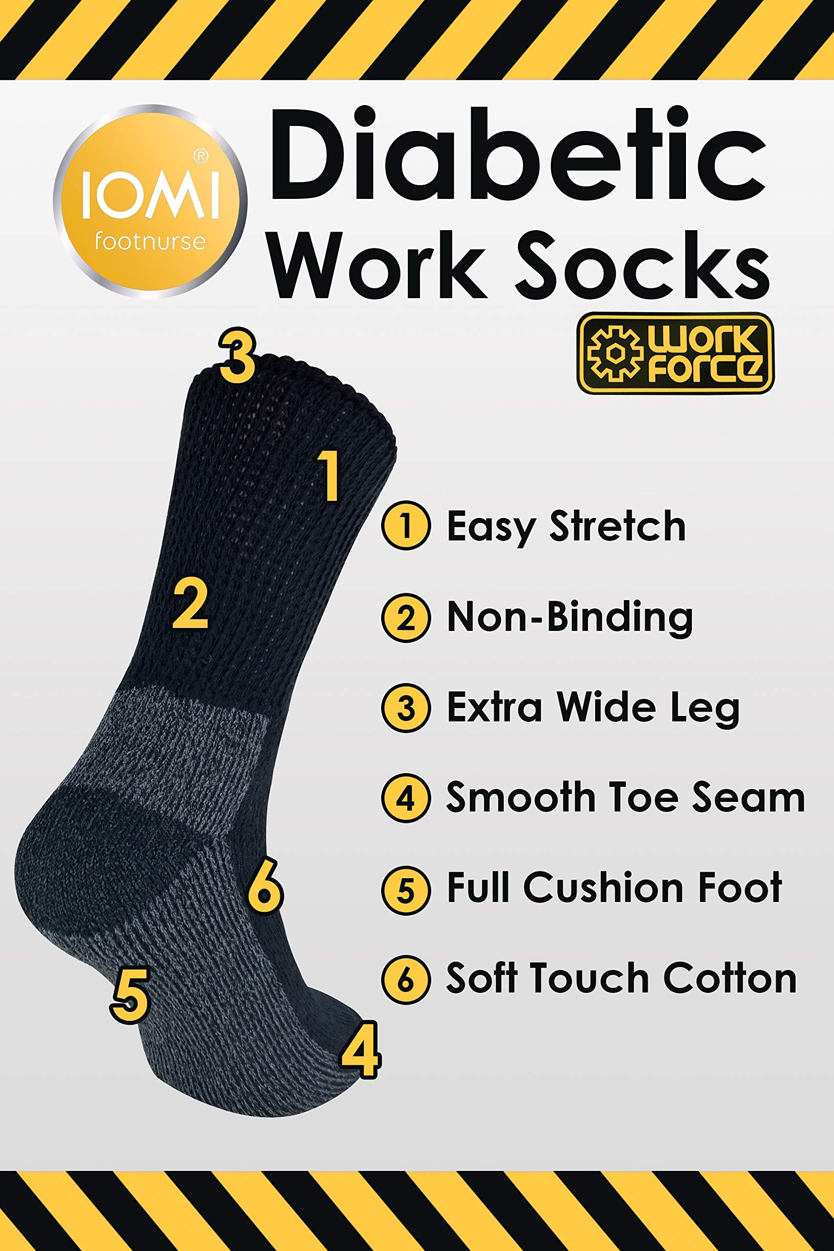 IOMI - 3 Pack Mens Extra Wide Loose Top Cushioned Cotton Diabetic Work Socks (7-12 us, Black (Work))