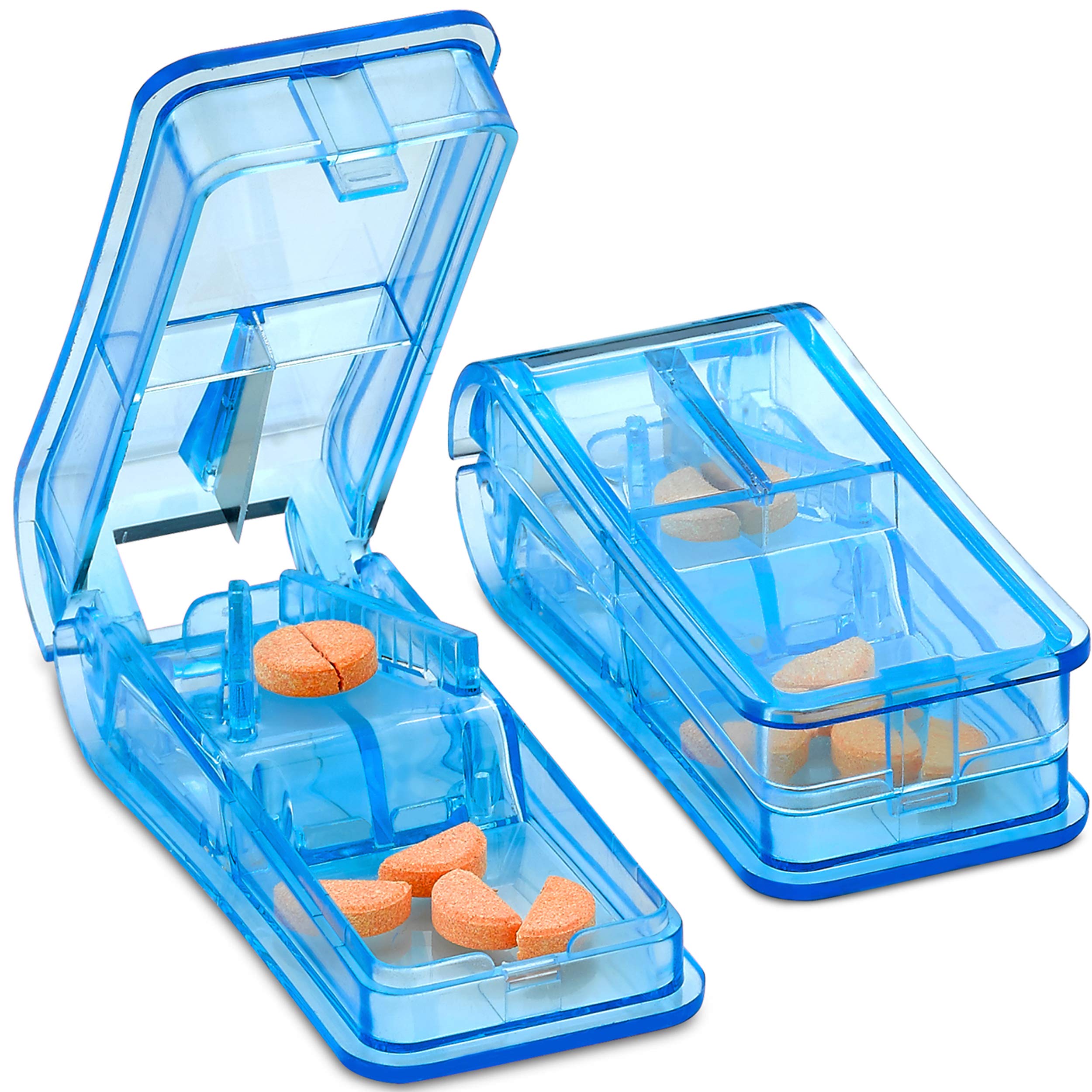 Pill Cutter - V- Grip Pill Crusher and Cutter for Vitamins, Big & Small Pills, and Medication - Transparent Pill Splitter with P