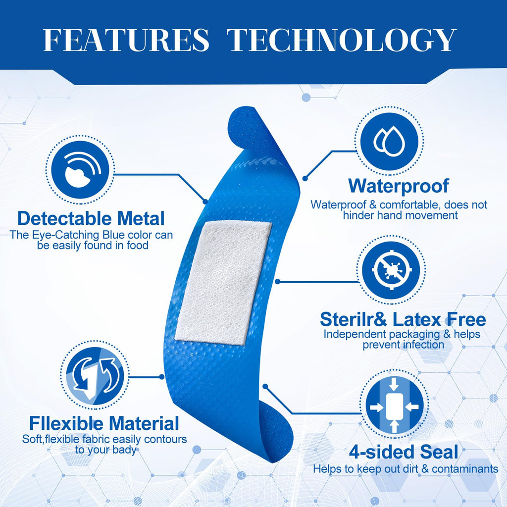 Geiserailie 200 Pcs Blue Fabric Bandages Food Service Metal Detectable 3 x 1 Waterproof Adhesive Bandages Bulk Sterile Processin
