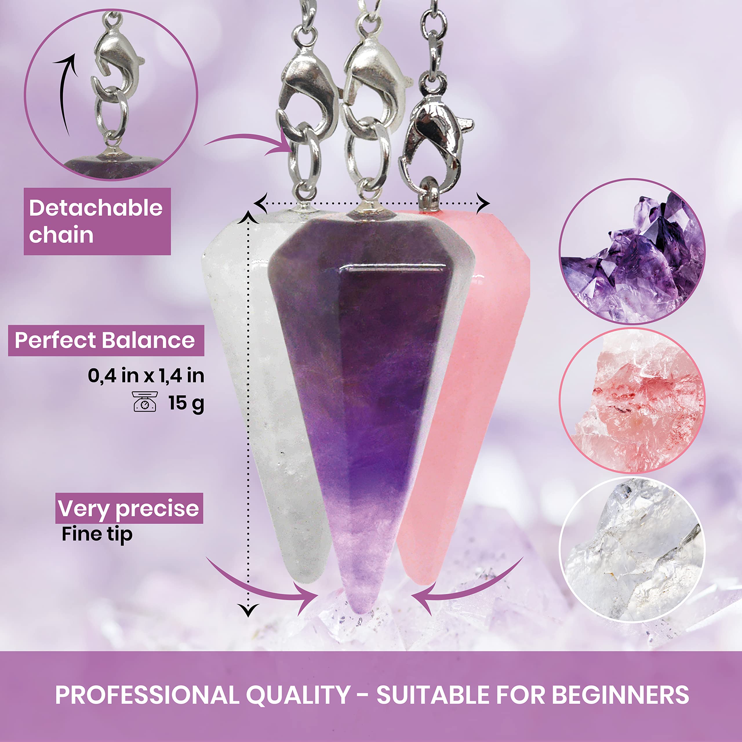 Dowsing Crystal Pendulum - Pack x3 Amethyst, Rock Crystal and Rose Quartz