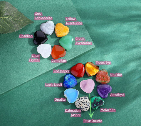 15 PCS Heart Crystals Healing Natural Pocket Stones Polished Love Shaped Palm Gemstones Rose Quartz Amethyst Assorted Set Reiki 