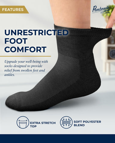 Pembrook Ankle Diabetic Socks for Men & Women | 6 Pairs | Black, White, Gray | Wide Stretch Top Mens Diabetic Socks | Diabetic S