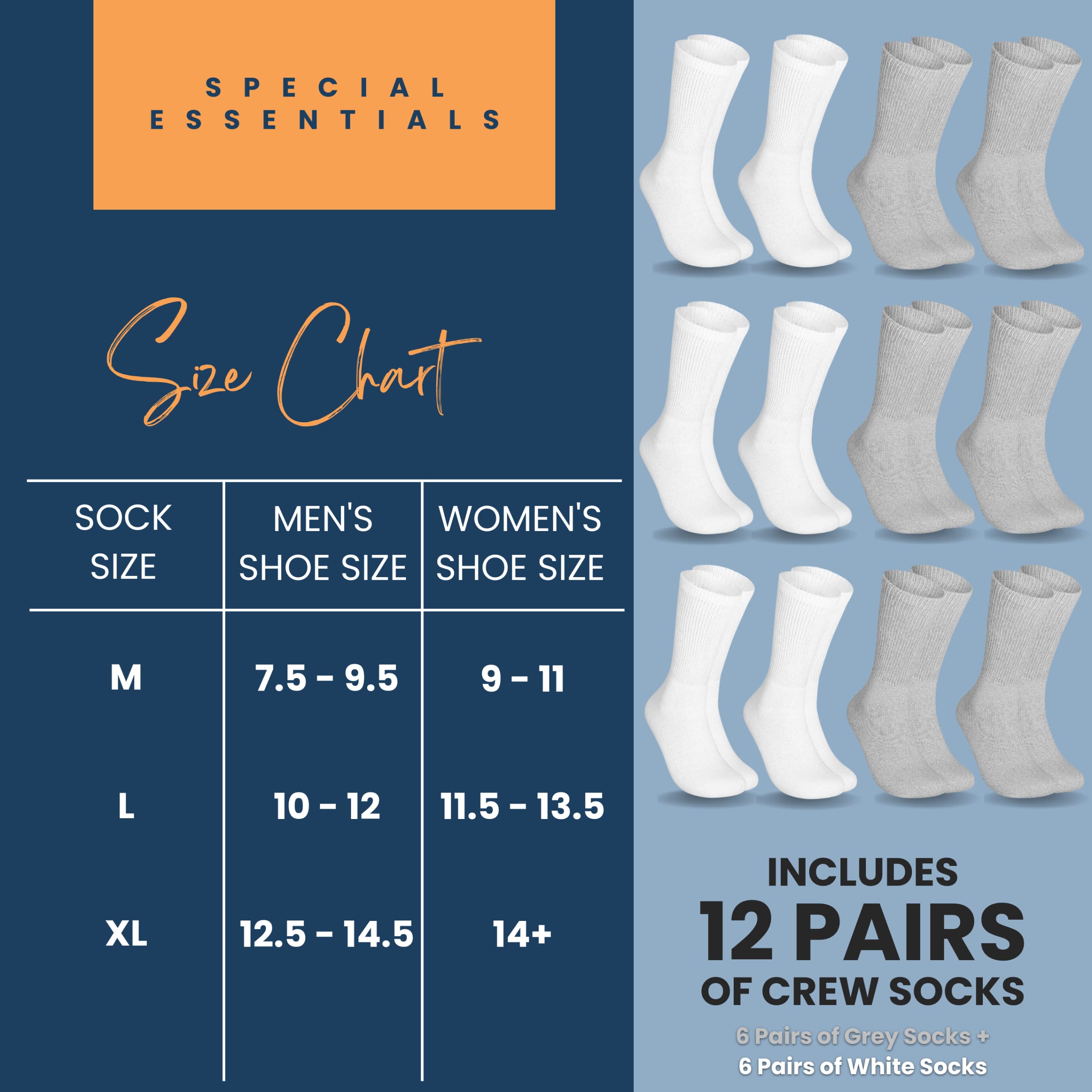 Special Essentials 12 Pairs Cotton Diabetic Socks for Men & Women - Non-Binding Extra Wide Top Neuropathy Socks - Crew Socks Gra