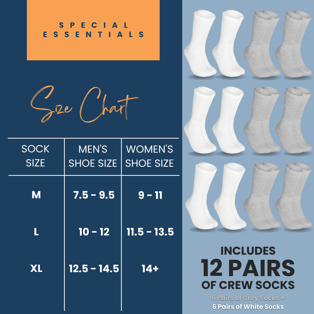Special Essentials 12 Pairs Cotton Diabetic Socks for Men & Women - Non-Binding Extra Wide Top Neuropathy Socks - Crew Socks Gra