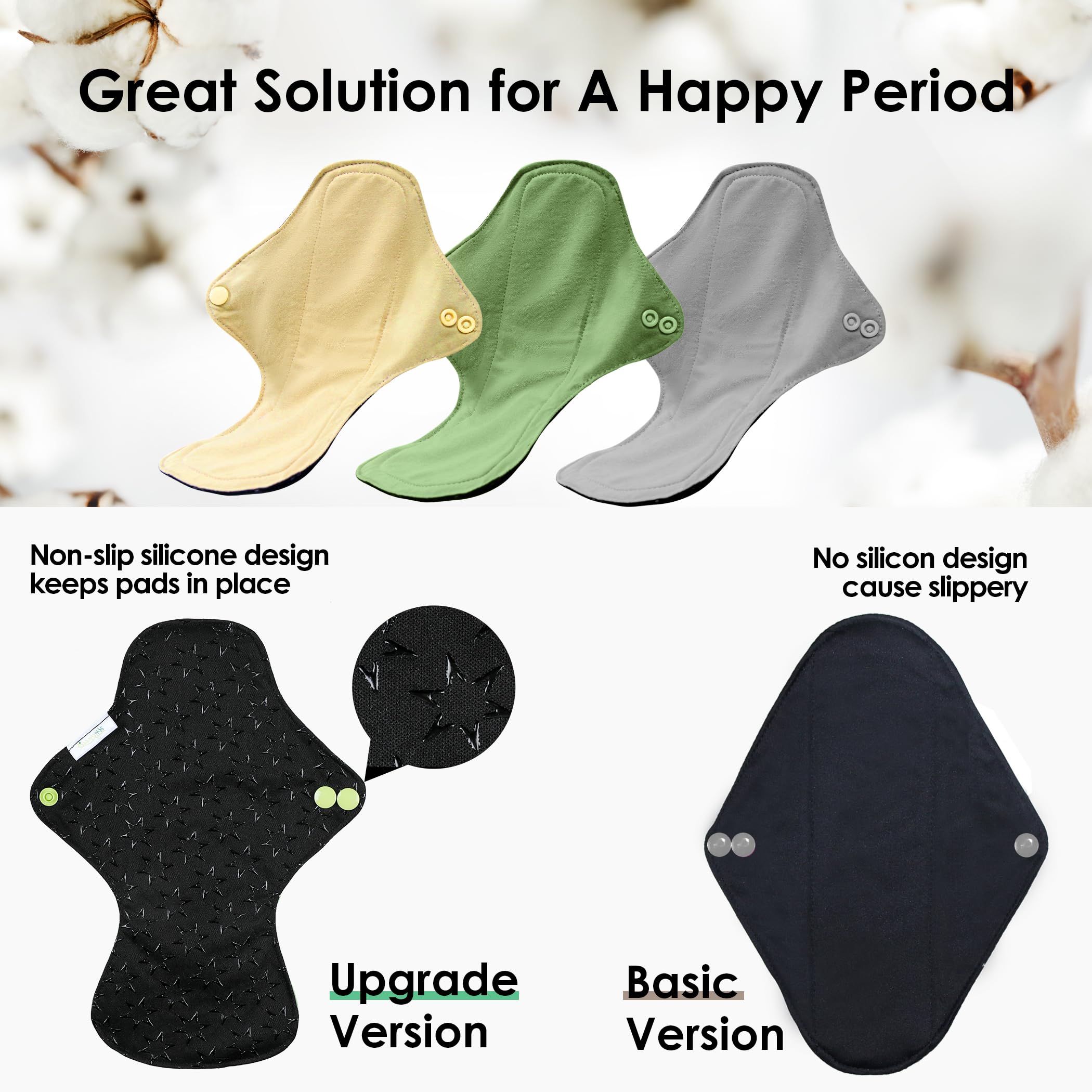wegreeco 6 Pcs Reusable Menstrual Pads, Ultra Absorbent Cloth Pads for Period, Sanitary Pads for Teens, Women, Nonslip Panty Lin