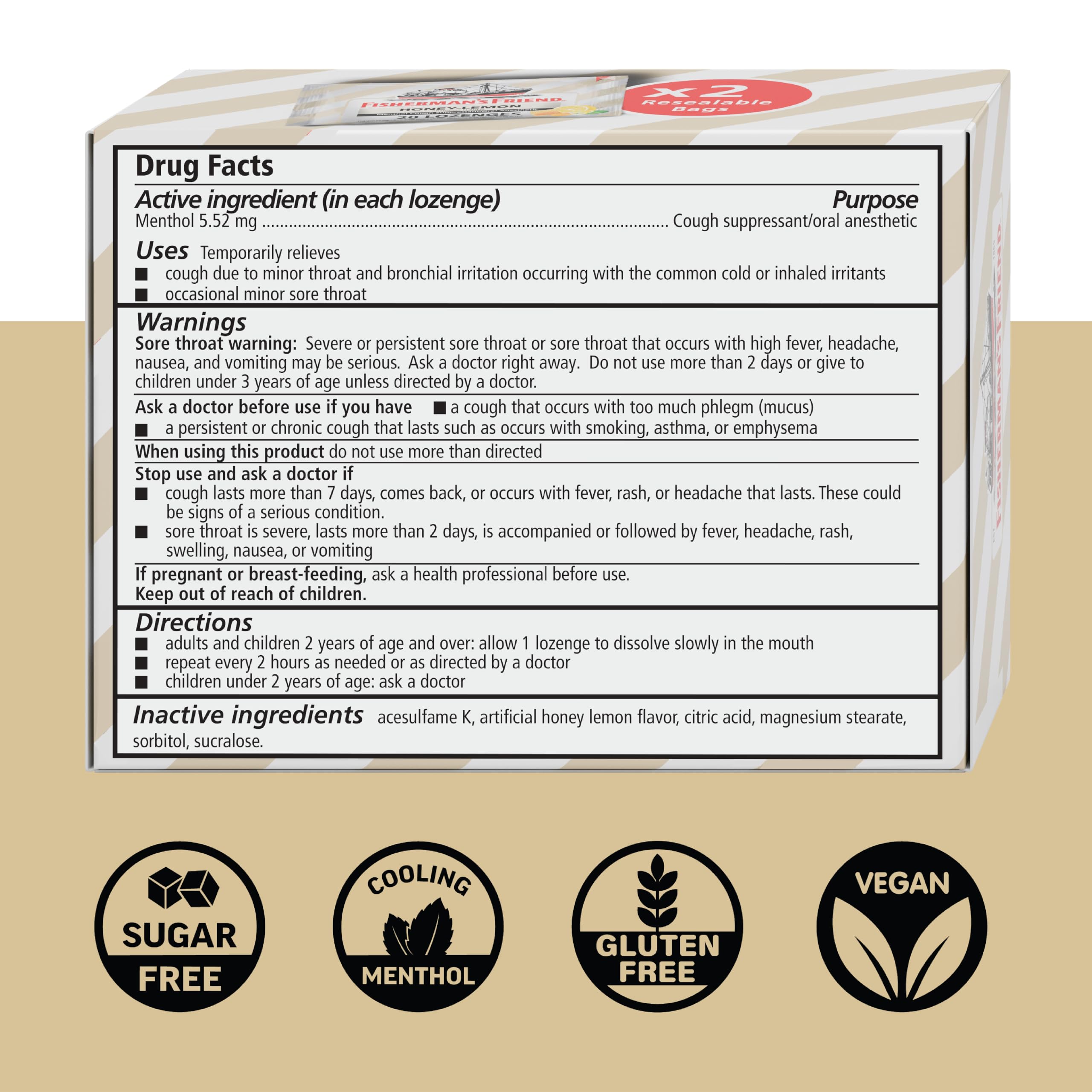 Fishermans Friend Cough Drops, Cough Suppressant and Sore Throat Lozenges, Sugar Free Honey-Lemon, 5.52mg Menthol, 240 Drops (6