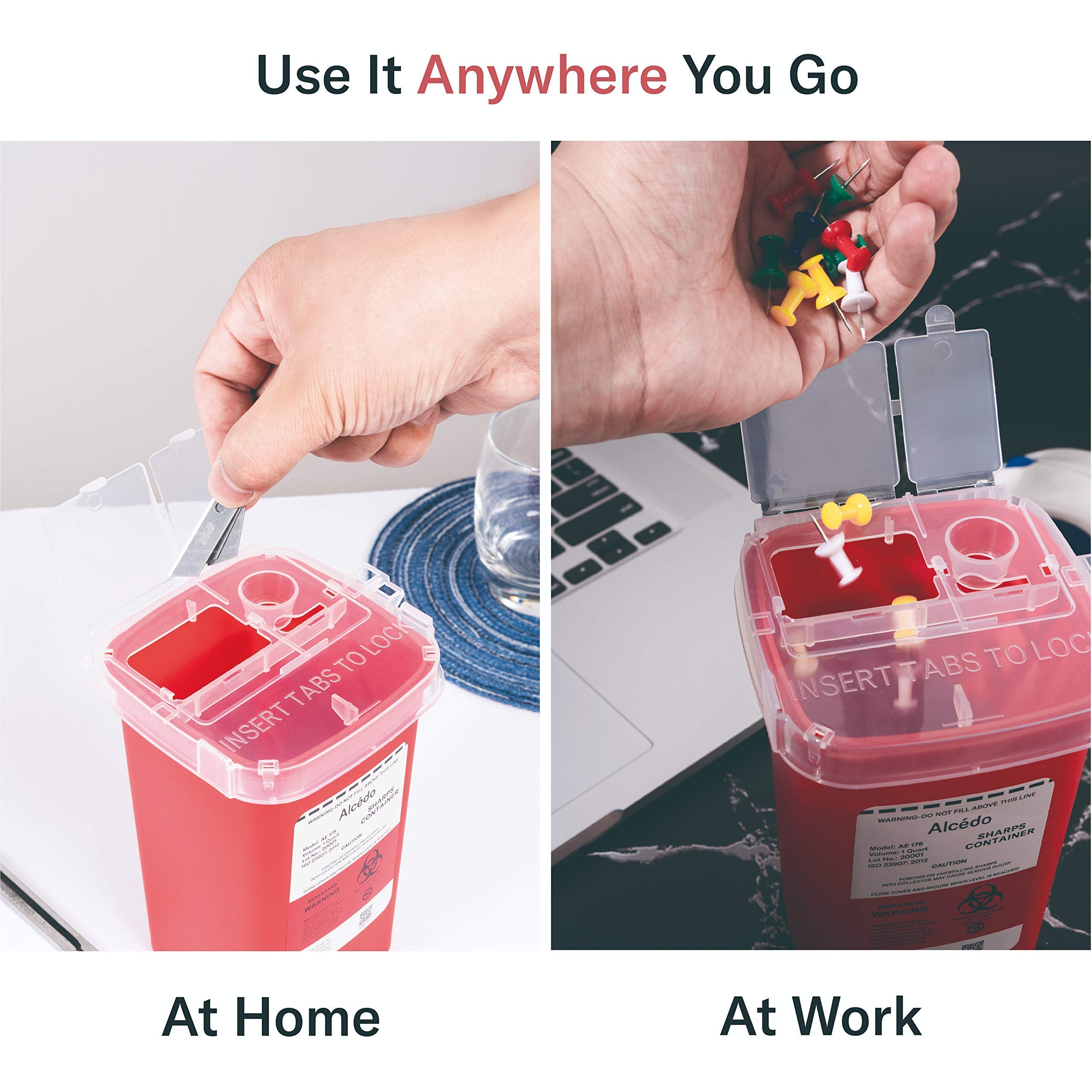 Alcedo Sharps Container for Home Use and Professional 1 Quart (3-Pack) | Biohazard Needle and Syringe Disposal | Small Portable