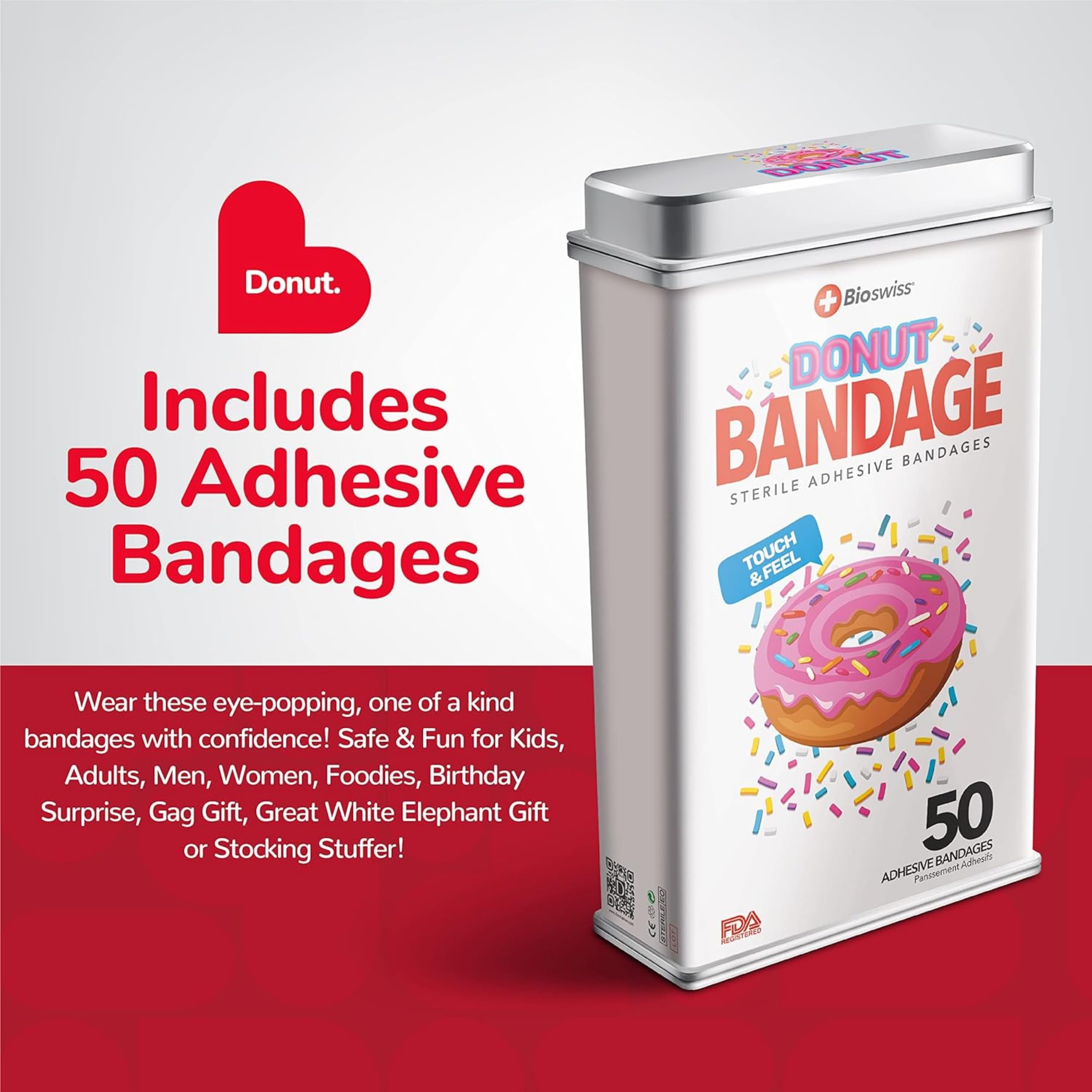 BioSwiss Bandages, Donut Shaped Self Adhesive Bandages, Latex Free Sterile Wound Care, Fun First Aid Kit Supplies for Kids, 50 C
