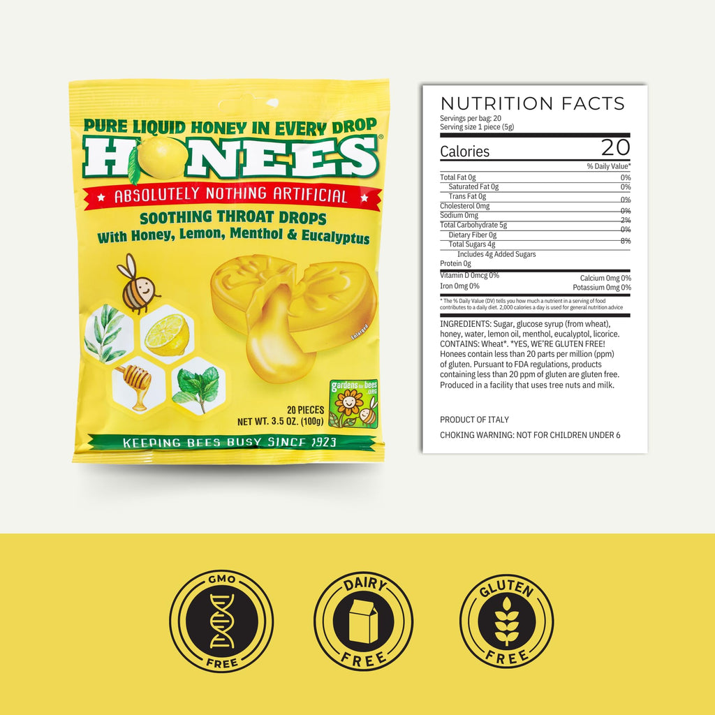 Honees Honey Filled Drops, Variety Pack (Honey and Honey Lemon)-Natural Sore Throat Relief - Throat Lozenges, Nothing Artificial