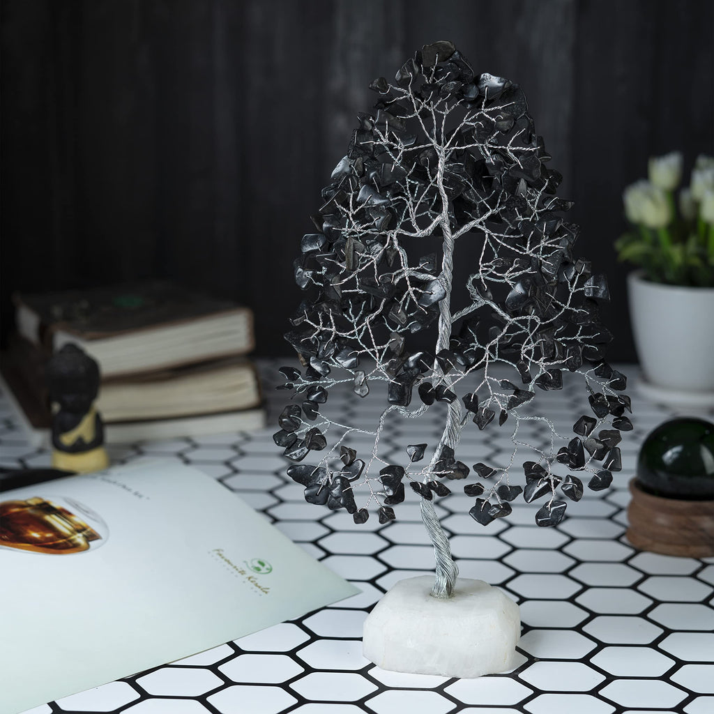 Black Tourmaline Gemstone Tree of Life Quartz Base Chakra Tree for Positive Energy, Handmade Crystal Tree Feng Shui Decor Money