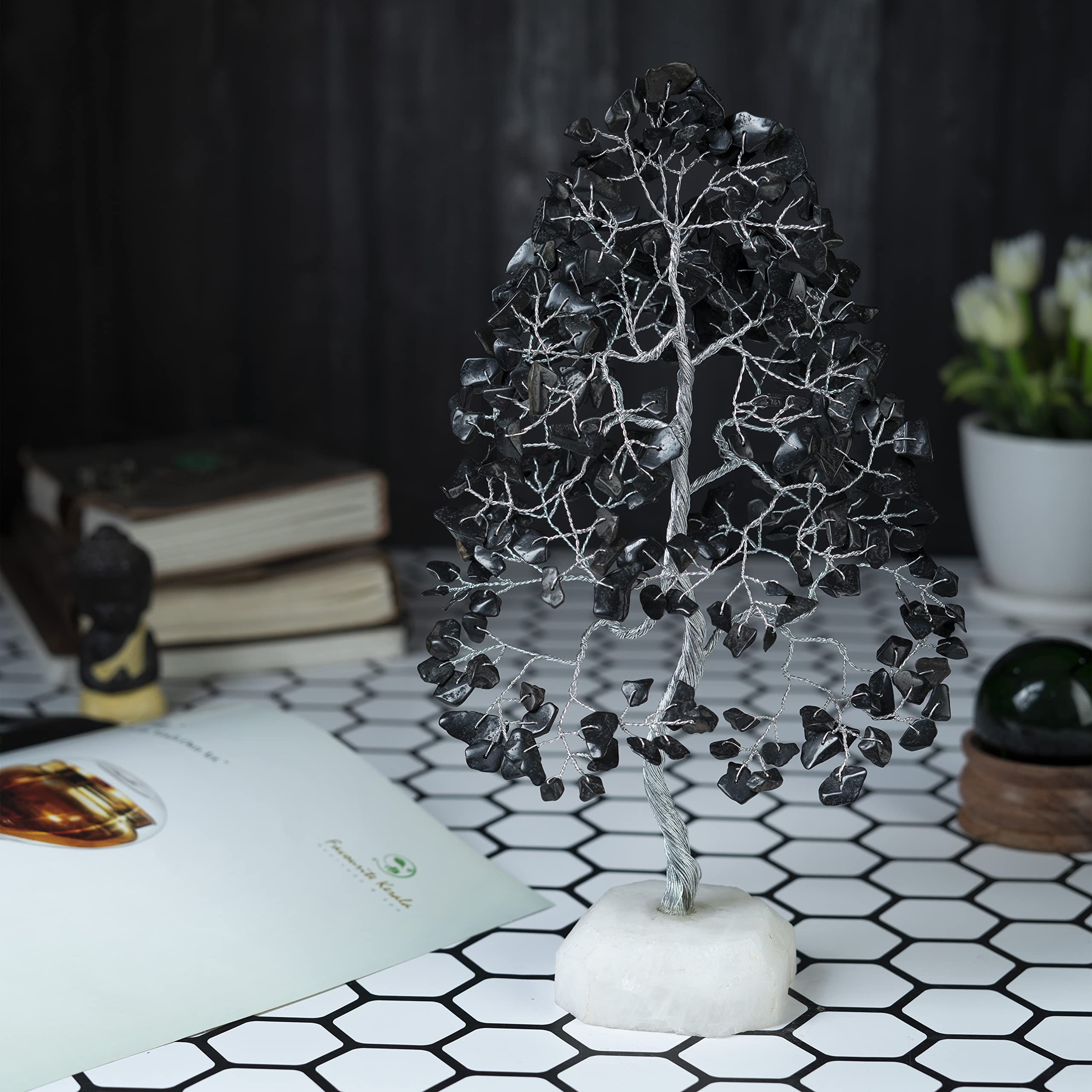 Black Tourmaline Gemstone Tree of Life Quartz Base Chakra Tree for Positive Energy, Handmade Crystal Tree Feng Shui Decor Money