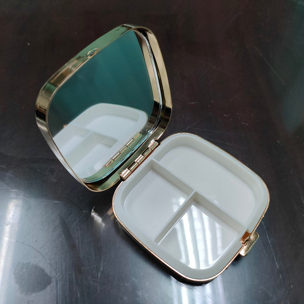 Fashion Elegant Medicine Portable Double Protection Switch Metal Travel Pill Box with Mirror (Small, 3 compartments, Gold)