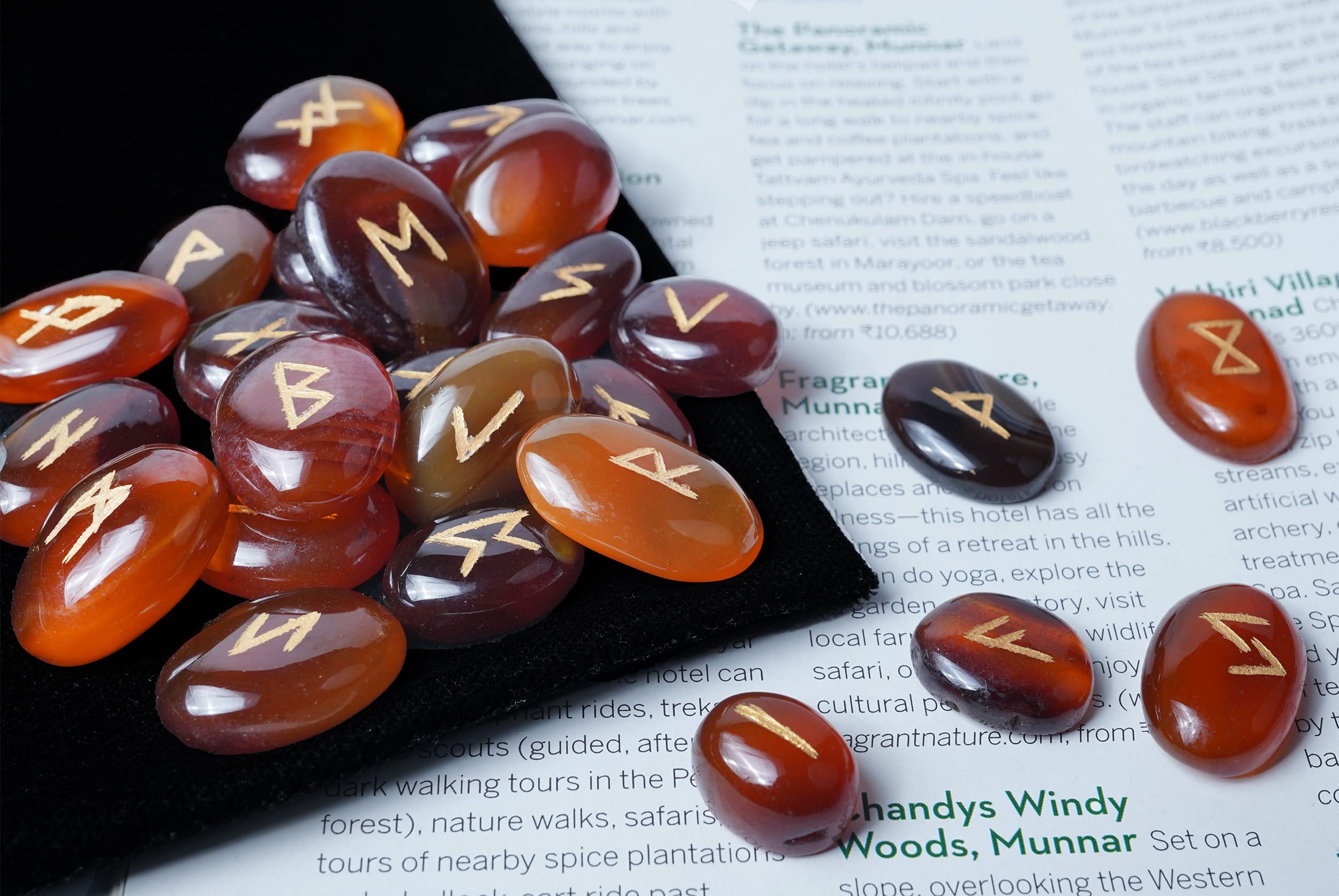 Crocon Brown Onyx Stone Handmade Rune Stones with Elder Futhark Alphabet Engraved 25 pcs Runes Stones Crystal Set for Beginners