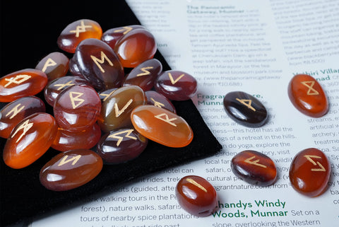 Crocon Brown Onyx Stone Handmade Rune Stones with Elder Futhark Alphabet Engraved 25 pcs Runes Stones Crystal Set for Beginners 