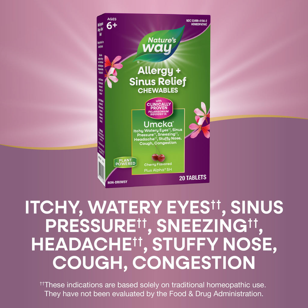 Natures Way Allergy+Sinus Relief Chewables, Umcka, Sneezing*, Runny Nose*, Headache*, Cough, Congestion, No Phenylephrine, Non-