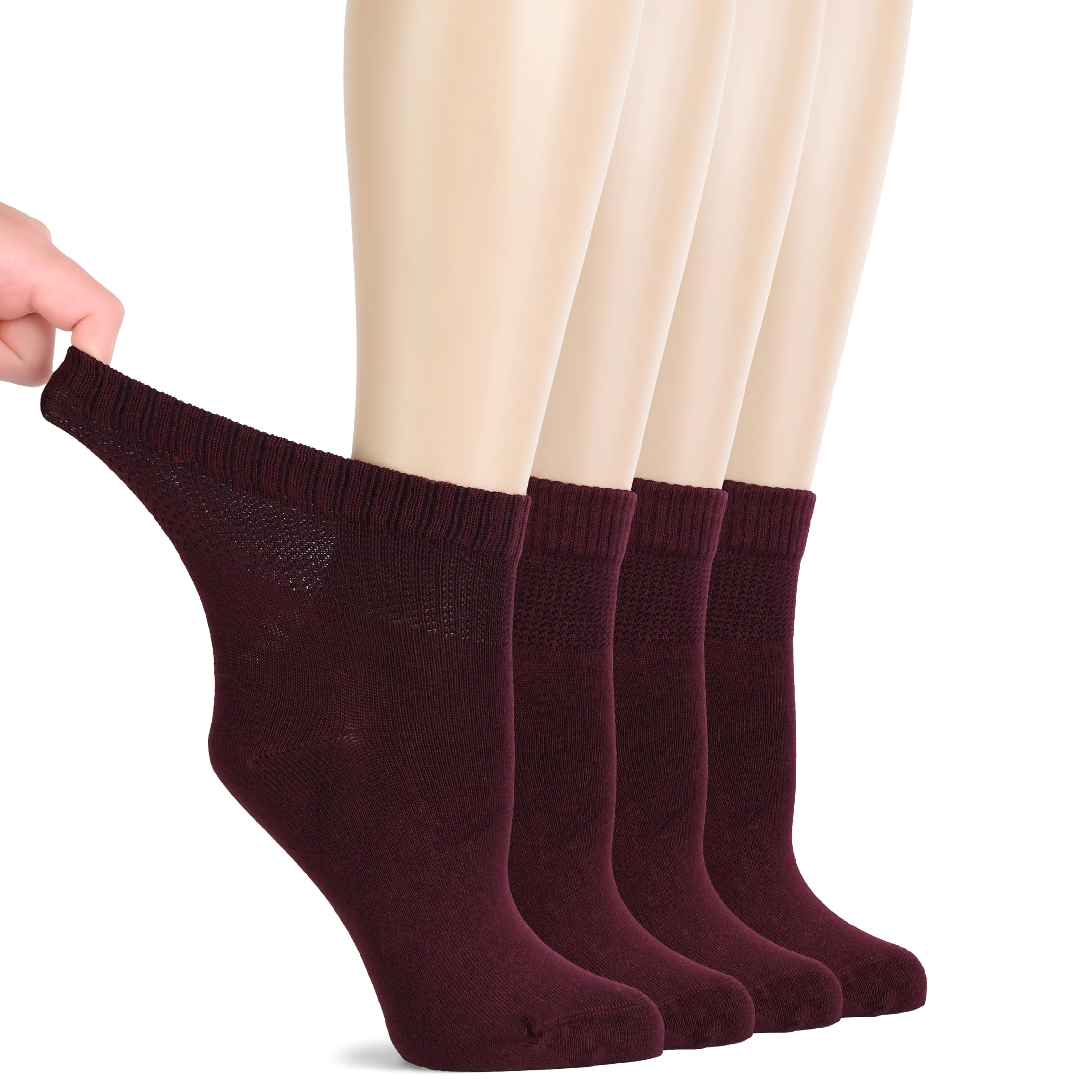 Hugh Ugoli Women Diabetic Ankle Socks, Super Soft & Thin Bamboo Socks, Wide & Loose, Non-Binding Top & Seamless Toe, 4 Pairs, Bu