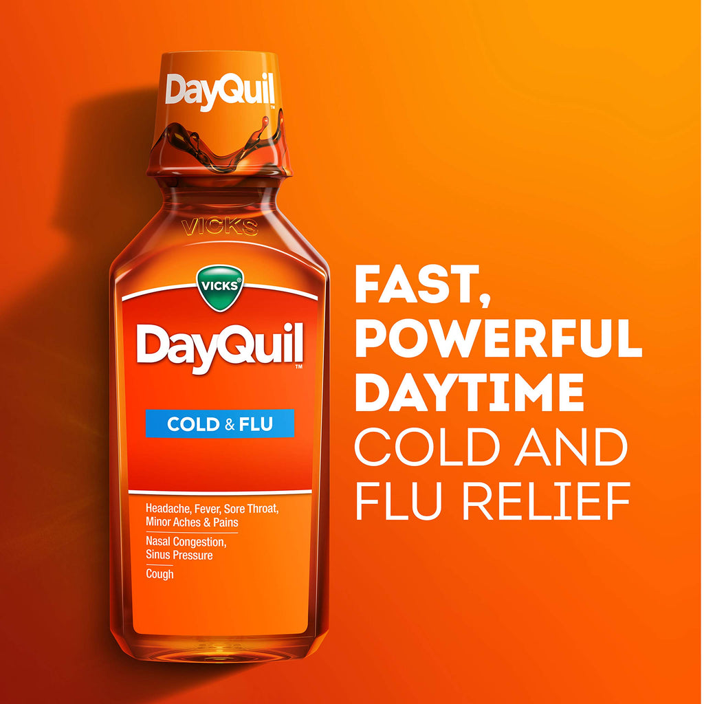 Vicks DayQuil Cold and Flu Relief Liquid Medicine, Non-Drowsy Powerful Multi-Symptom Daytime Relief for Headache, Fever, Sore Th