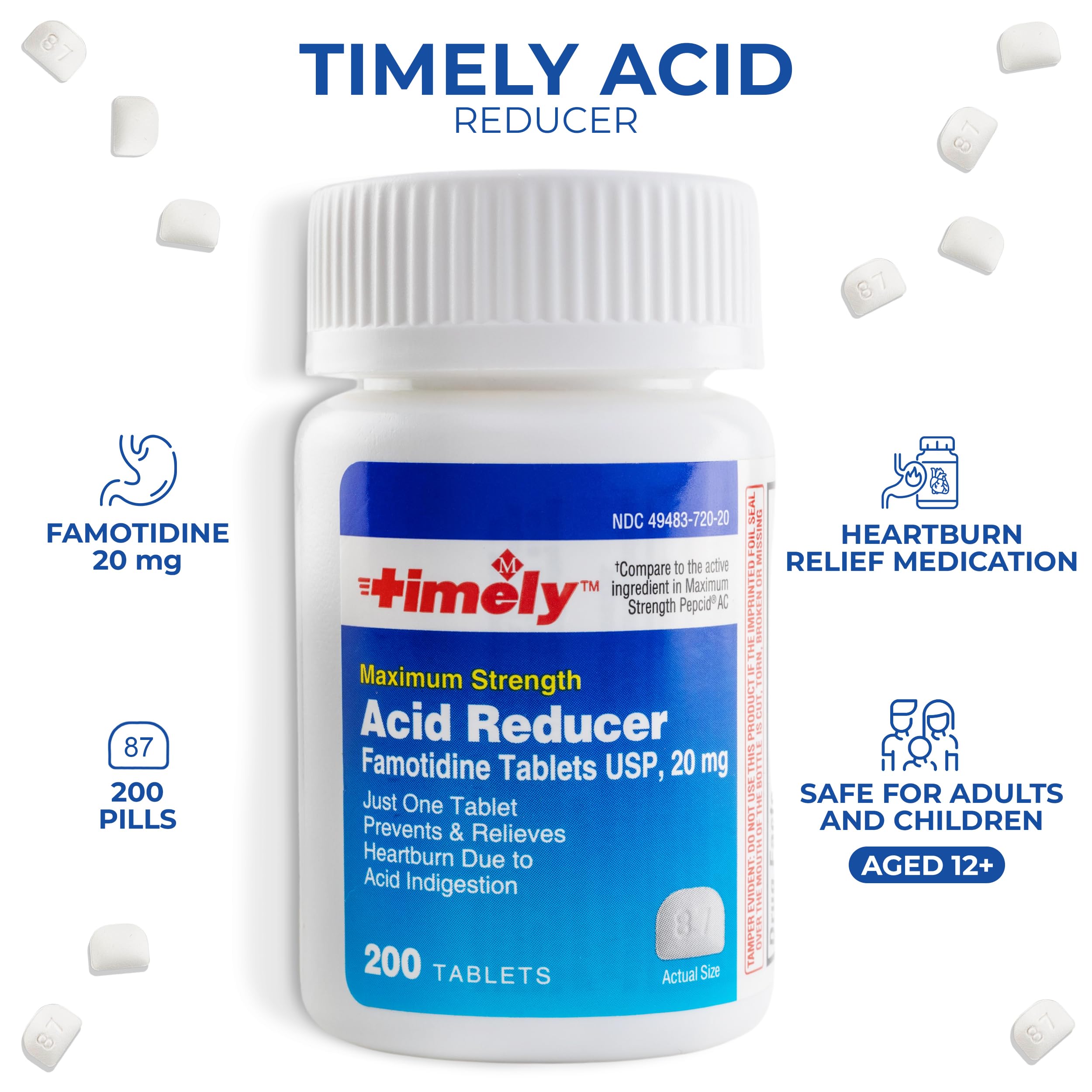 Timely Acid Reducer Famotidine 20mg - Compare to the active ingredient in Maximum Strength Pepcid AC - Acid Reflux Medicine for