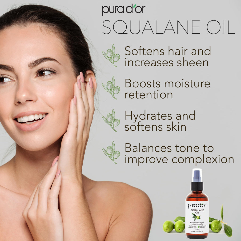 PURA DOR 3.38 Oz Squalane Oil - Non-GMO 100% Pure & Natural - Moisturizer For Face, Hair And Body - Vegan, Cruelty-Free with An