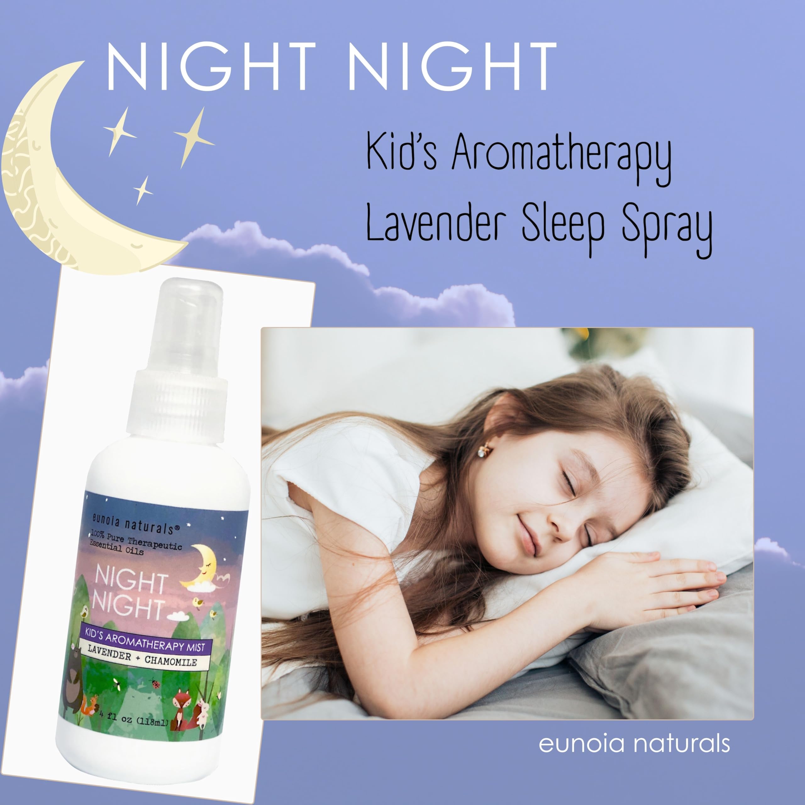 Night Night Kids Lavender Sleep Spray, Lavender + Chamomille Aromatherapy, Soothing + Kid Safe Essential Oils, Nightly Routine