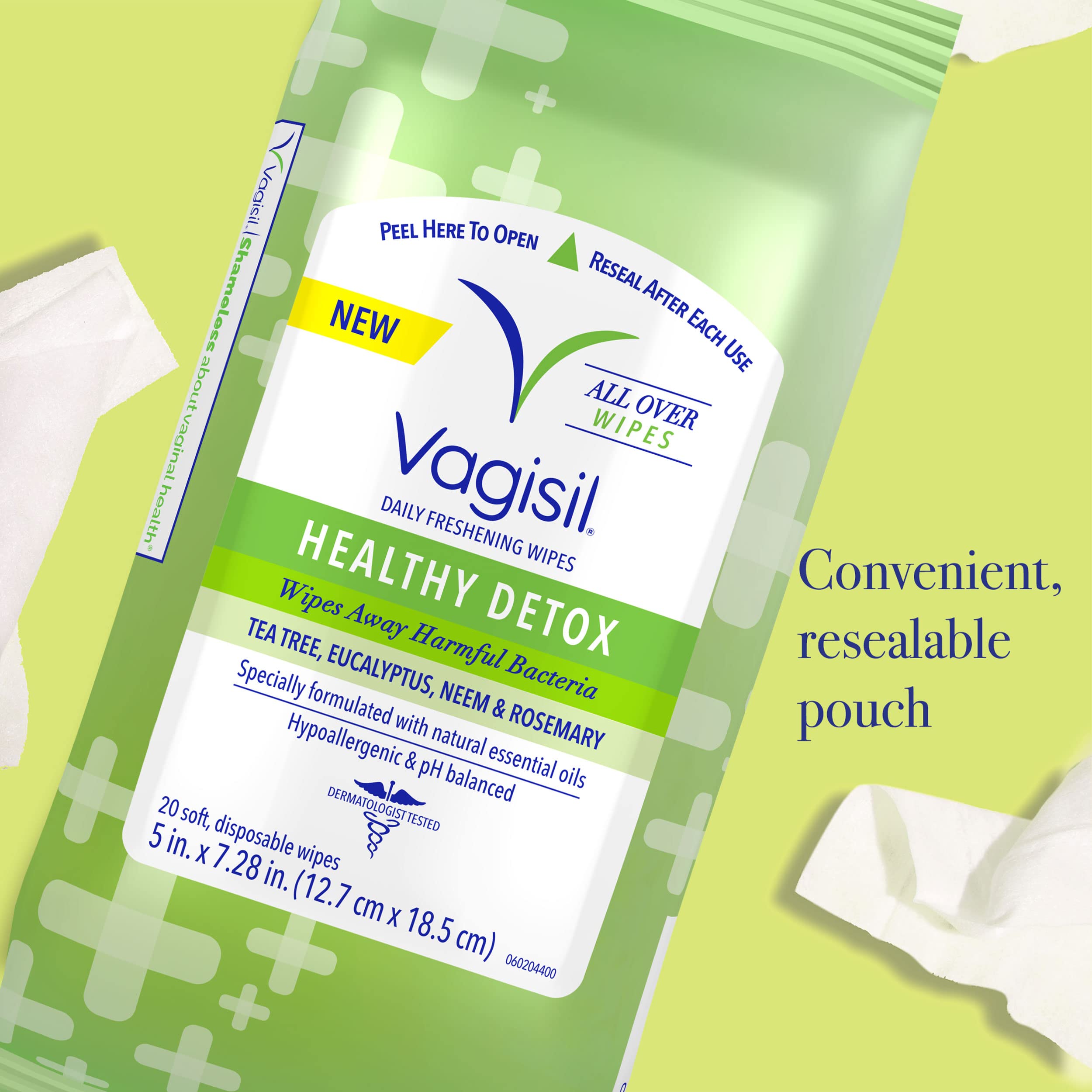 Vagisil Wipes for All Over Cleaning, Health Detox, Formulated with Essential Oils, 20 Wipes in a Re-Sealable Pouch (Pack of 3)