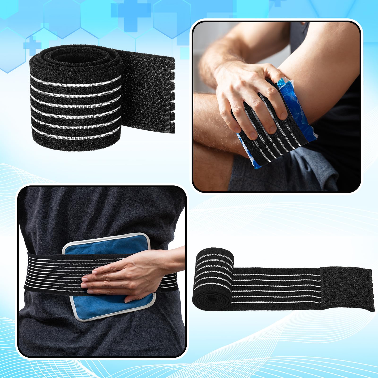 Geiserailie Ice Pack Strap Stretchable, 4 Size Elastic Reusable Ice Belt Extender, Adjustable Hook and Loop Extension Straps Add