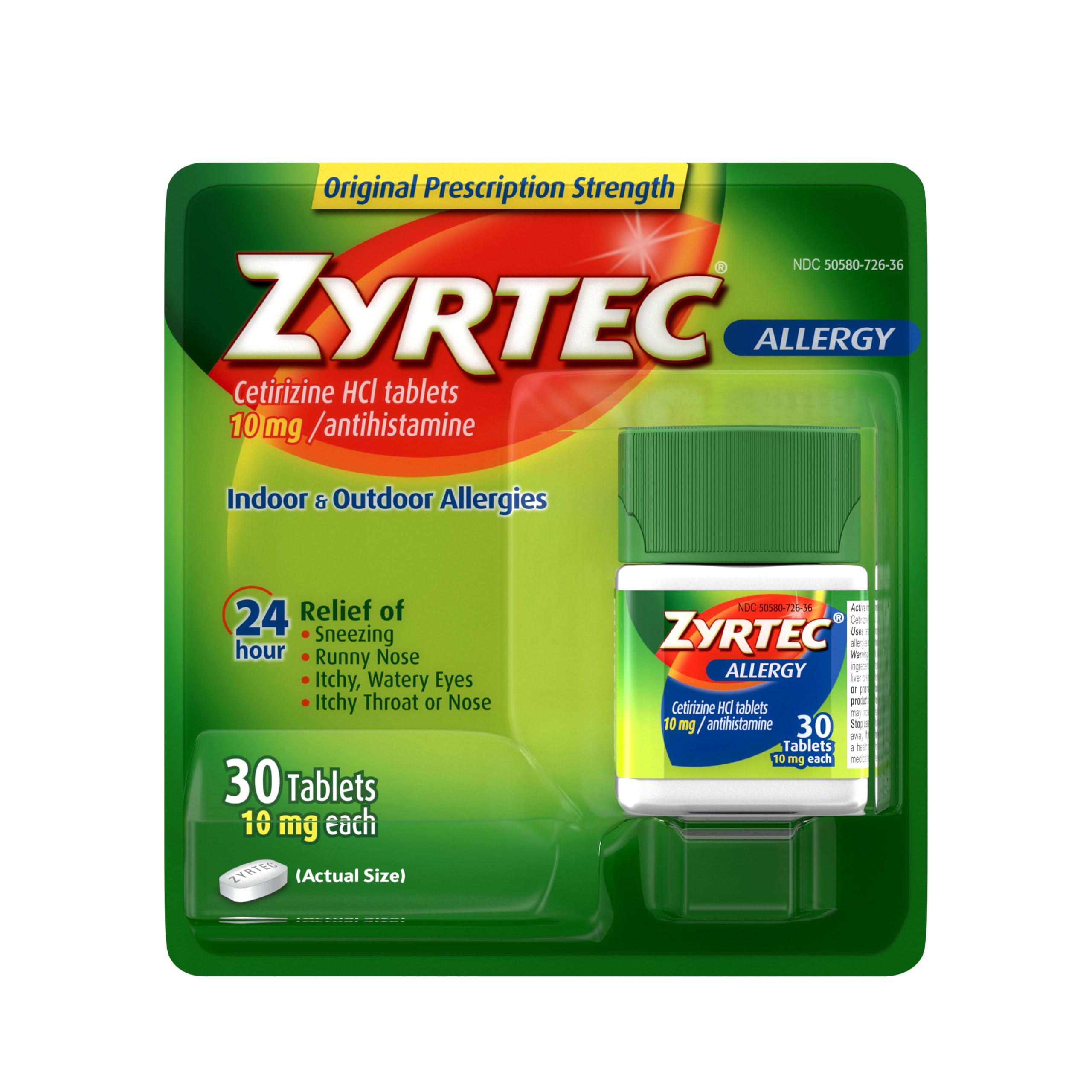 Zyrtec 24 Hour Allergy Relief Tablets, Indoor & Outdoor Allergy Medicine with 10 mg Cetirizine HCl per Antihistamine Tablet, Rel