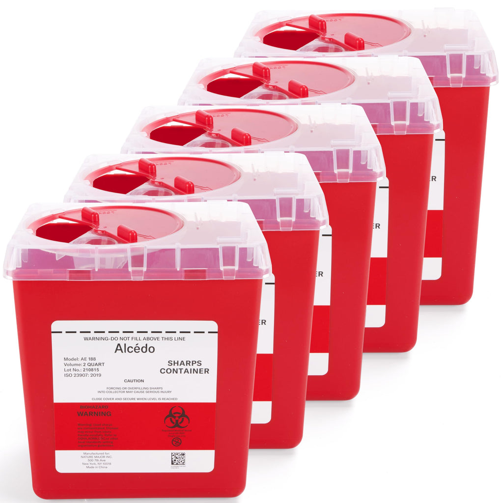 Alcedo Sharps Container for Home and Professional Use 2 Quart (5-Pack), Biohazard Needle and Syringe Disposal, Medical Grade