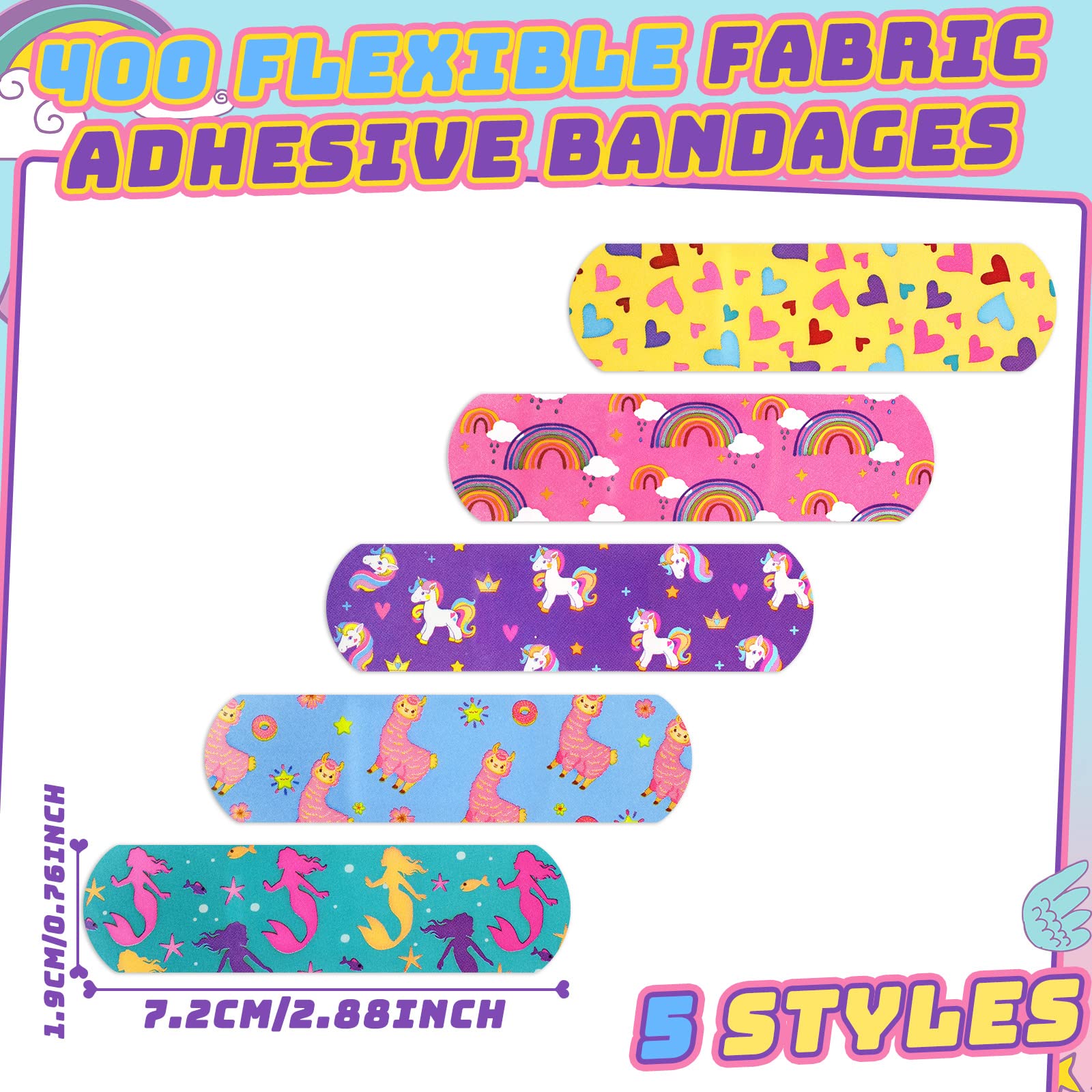 Tondiamo 400 Pieces 5 Styles Cartoon Bandages for Kids Flexible Adhesive Colorful Strips Waterproof Cute Bandages for Girls Repa