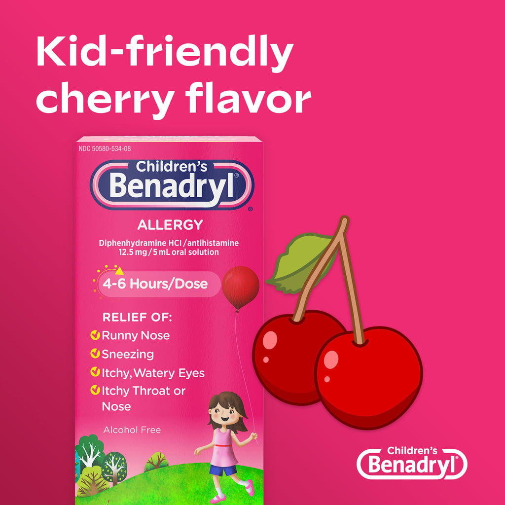 Benadryl Childrens Allergy Relief Liquid Medicine with Diphenhydramine HCl Antihistamine for Kids Allergy Relief, Effective Al