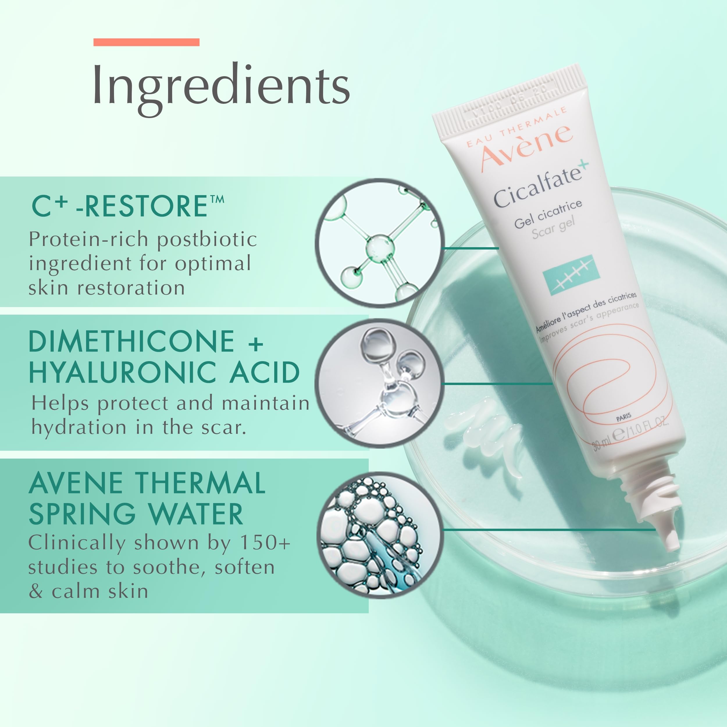 Eau Thermale Avne Cicalfate+ Scar Gel, Silicone Massage Gel for Scars, Superficial Scars, Dermatological Scars, 1 fl.oz.