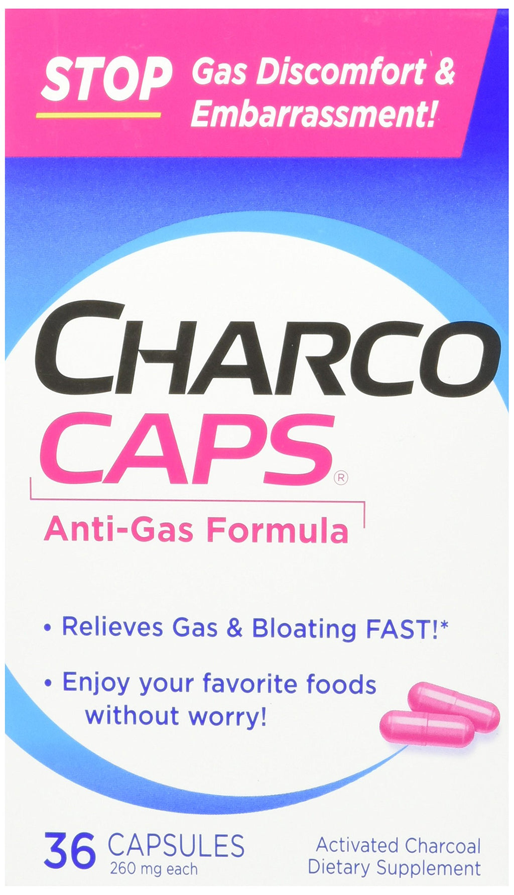 Charcocaps Anti-Gas Dietary Supplement Formula 36 Capsules