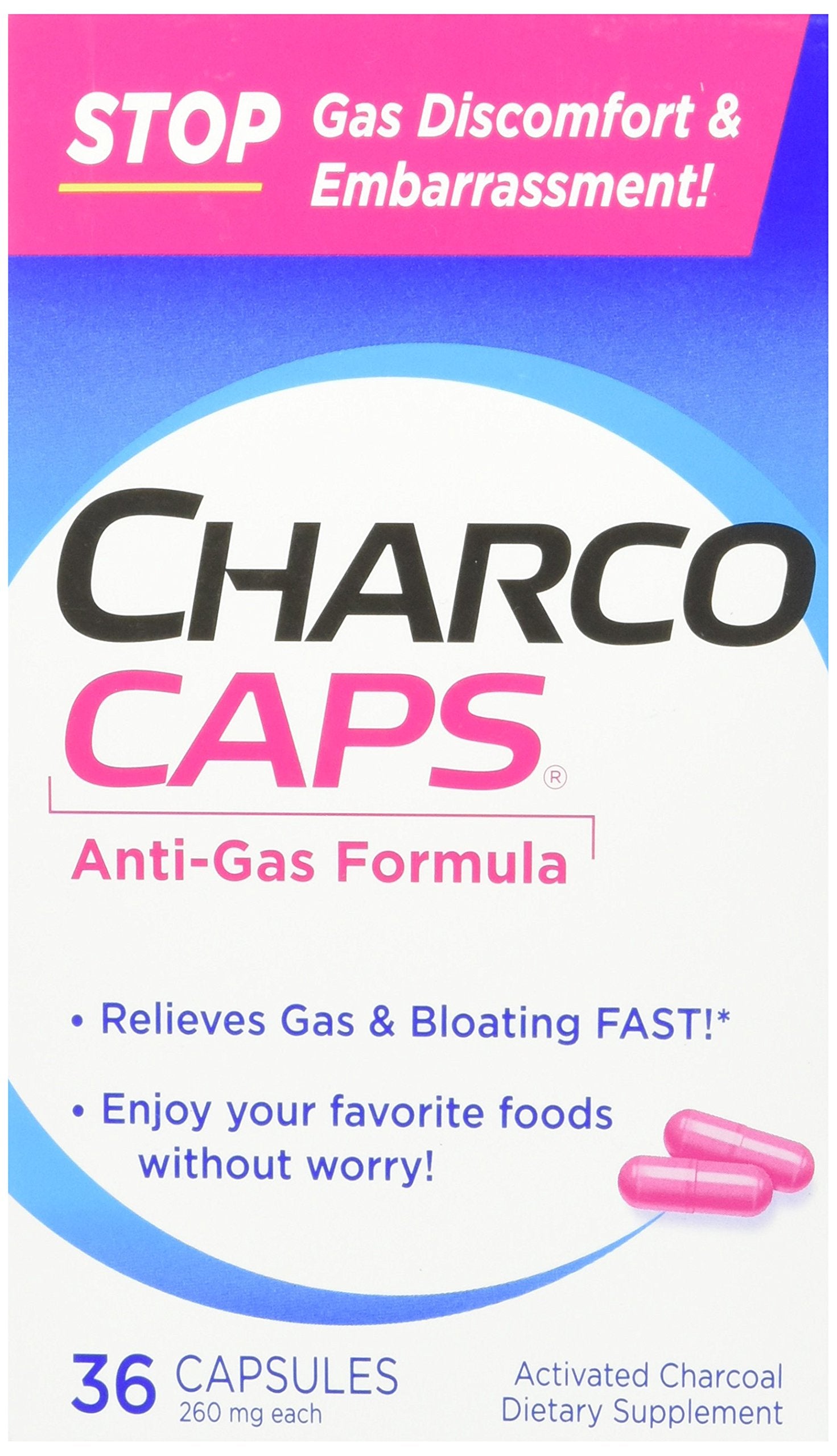 Charcocaps Anti-Gas Dietary Supplement Formula 36 Capsules