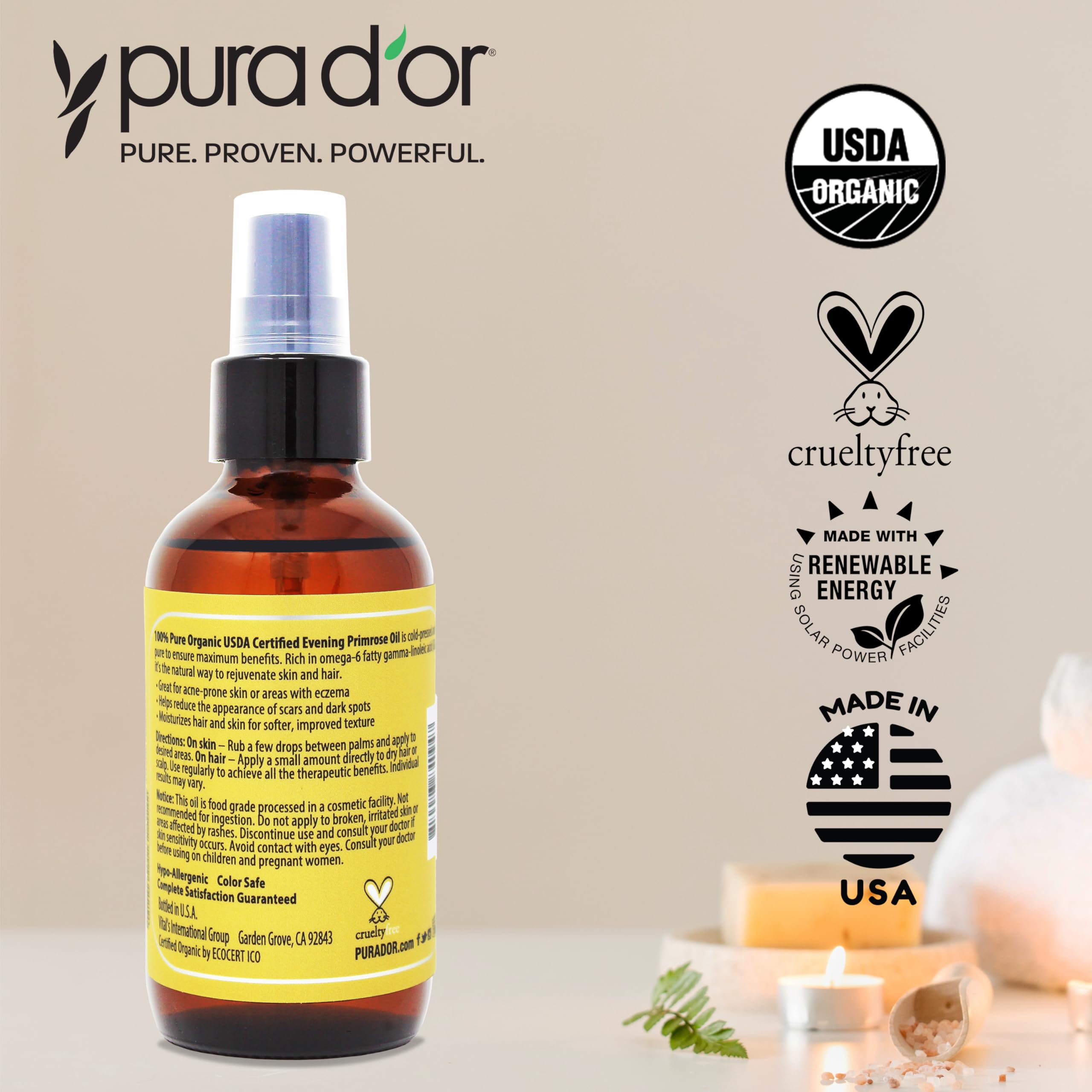 PURA DOR Organic Evening Primrose Oil (4oz) 100% Pure Cold Pressed w/Natural Essential Fatty Acids & Antioxidant Rich - Moistur