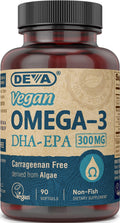 DEVA Vegan Omega-3 DHA EPA Supplement Once-Per-Day Softgel 300 MG - Carrageenan Gelatin & Gluten Free - Non-Fish Algae Oil Fatty